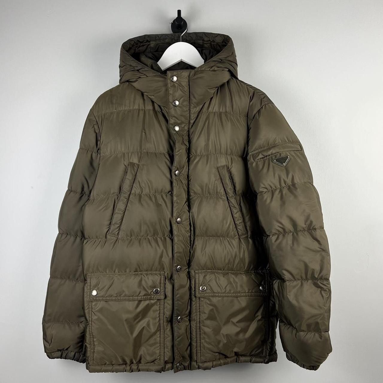 image of Prada Milano Mid Length Padded Parka Jacket in Khaki, Men's (Size Small)