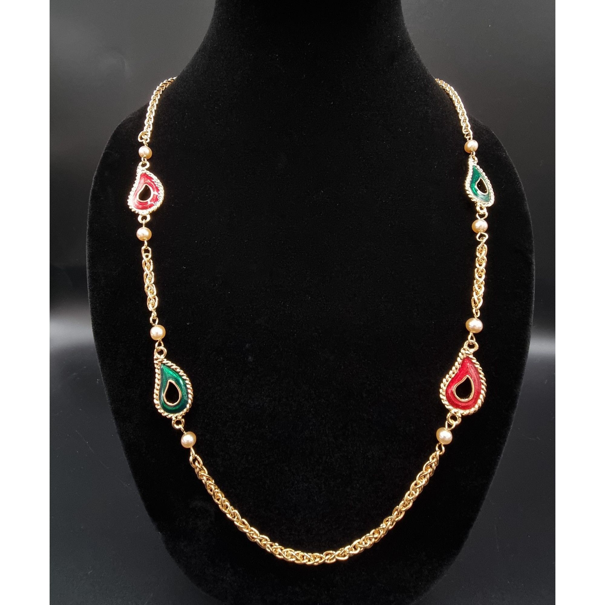 Kenneth Jay Lane Vintage 1990s KJL Gold-Tone Necklace With Red & Green Enamel Size ONE SIZE - 5 Thumbnail