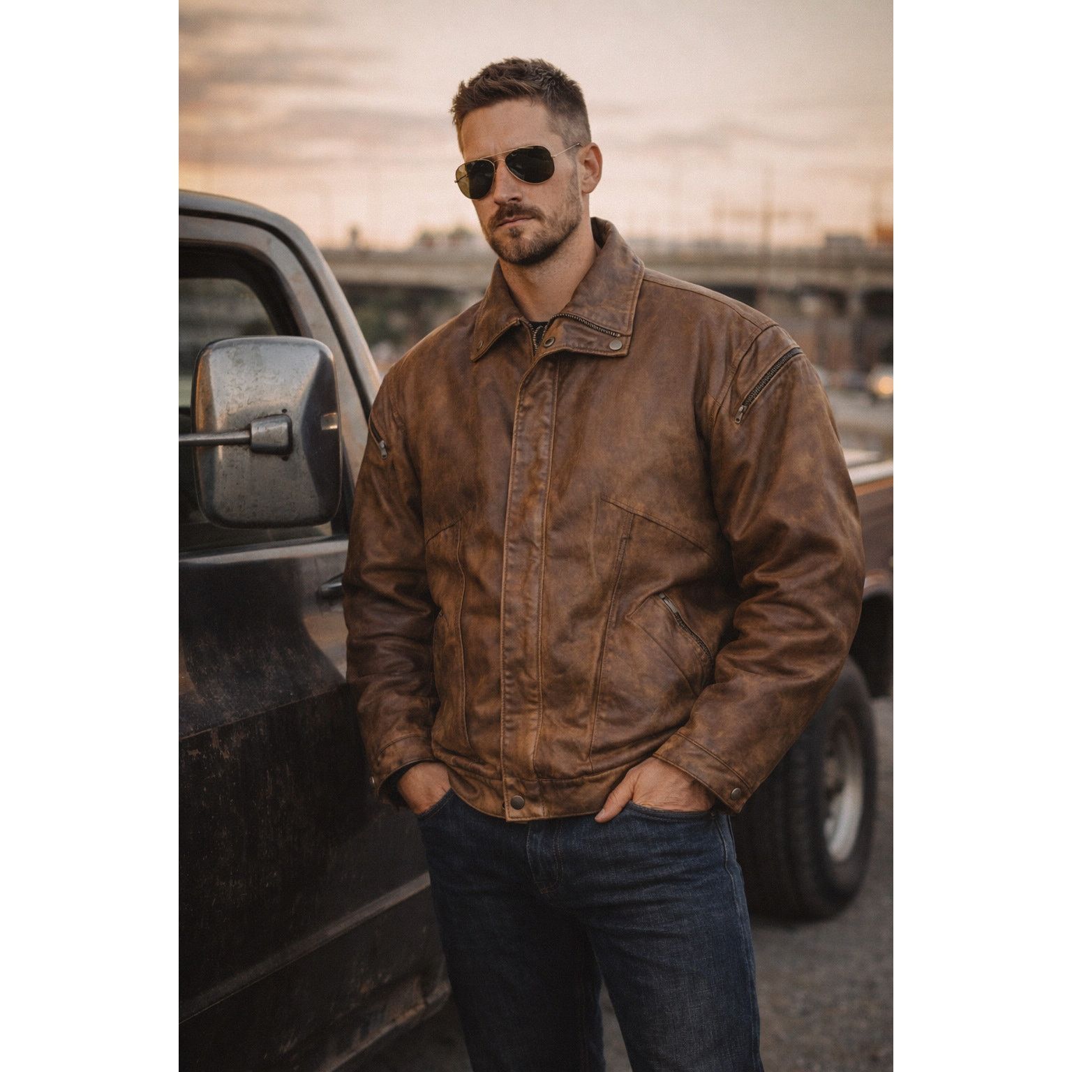 Adventure Bound Rugged Vintage XL Brown Leather Bomber Moto Aviation Jacket Size US XL / EU 56 / 4 - 1 Thumbnail