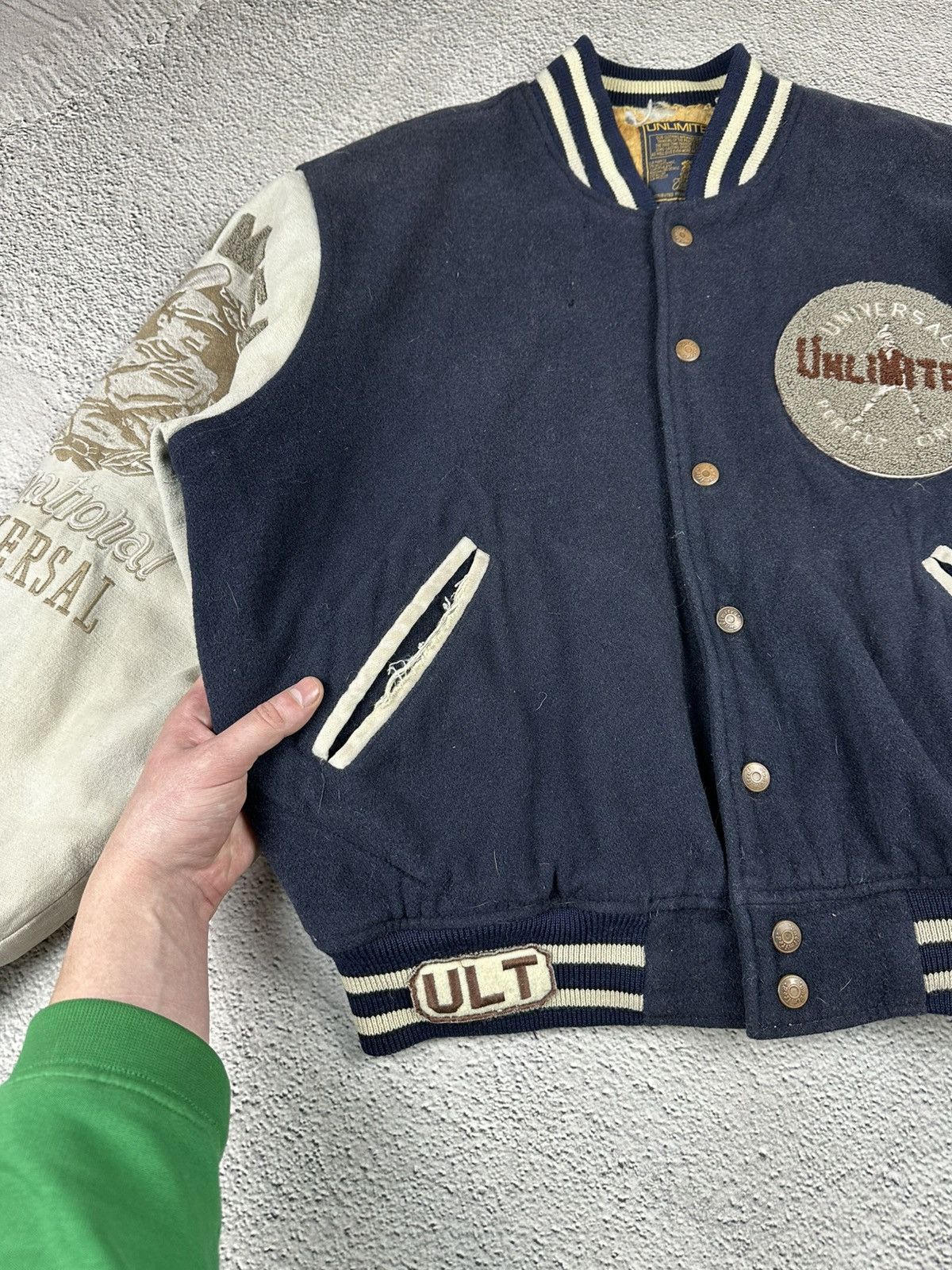 Japanese Brand Vintage Varsity Wool Jacket Unlimited Universal Distressed Size US XL / EU 56 / 4 - 7 Thumbnail