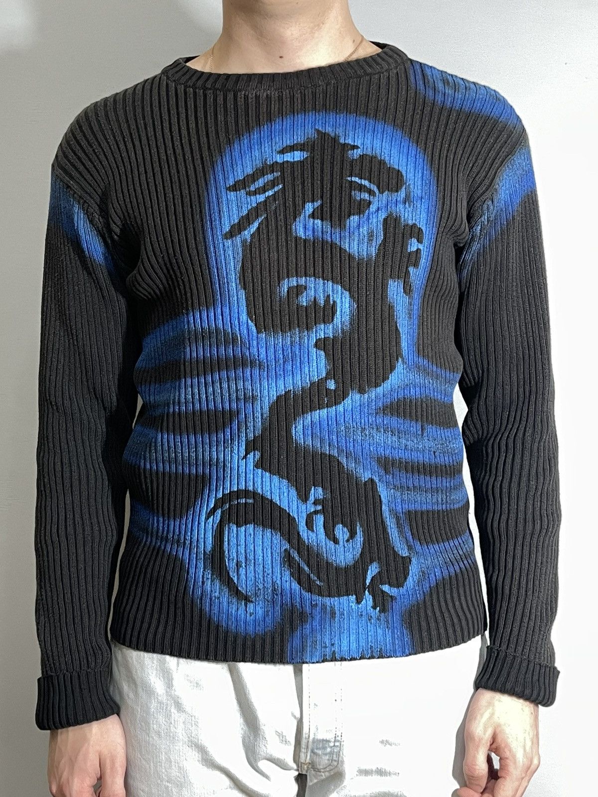 Japanese Brand Faded Dirty Y2K Dragon Japan Style Thrashed Ribbed Sweater Size US M / EU 48-50 / 2 - 3 Thumbnail
