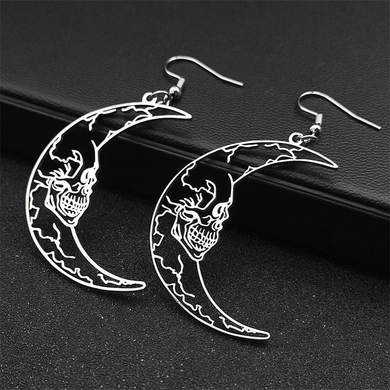 Jewelry Gothic Skull Crescent Moon Drop Earrings Jewelry Gift Size ONE SIZE - 3 Thumbnail