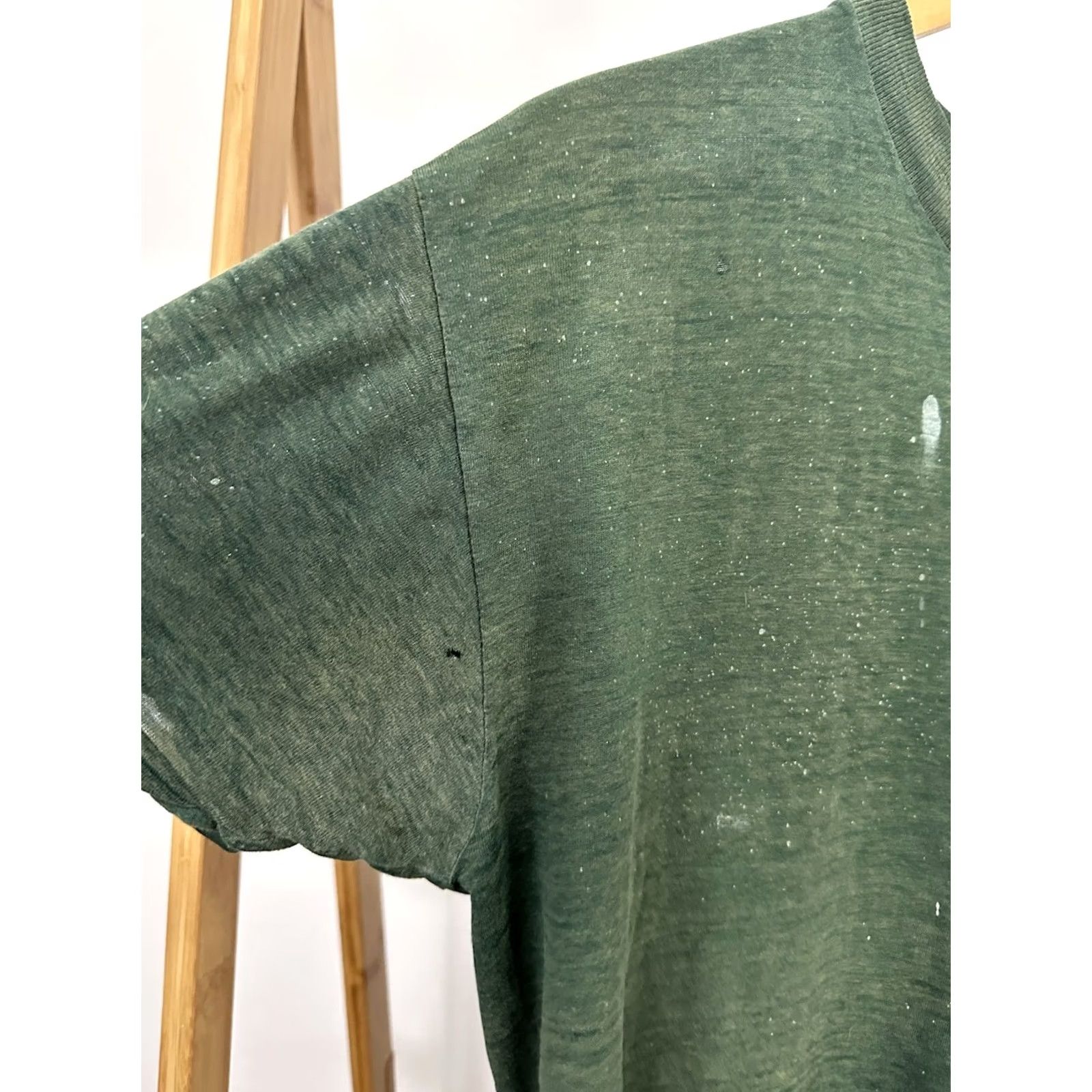 Vintage VTG 70s Sun Faded Paper Thin Burnout Selvedge Pocket WIP Work Paint T-Shirt L Green Mens Short Sleeve Regular Crewneck Size US L / EU 52-54 / 3 - 6 Thumbnail