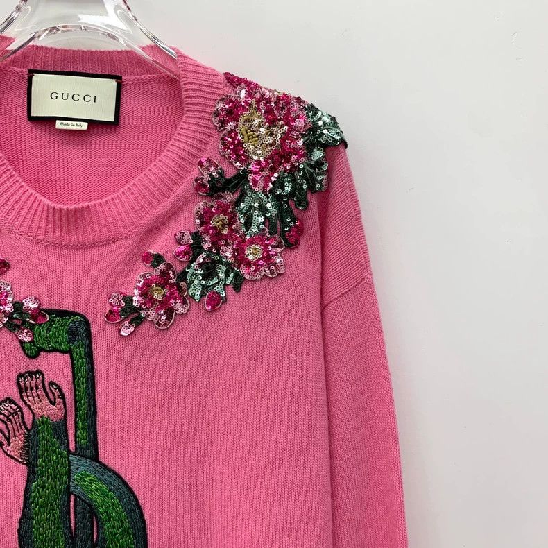 Gucci Gucci Pink floral sequin monkey embroidered wool round-nec Size M / US 6-8 / IT 42-44 - 3 Thumbnail