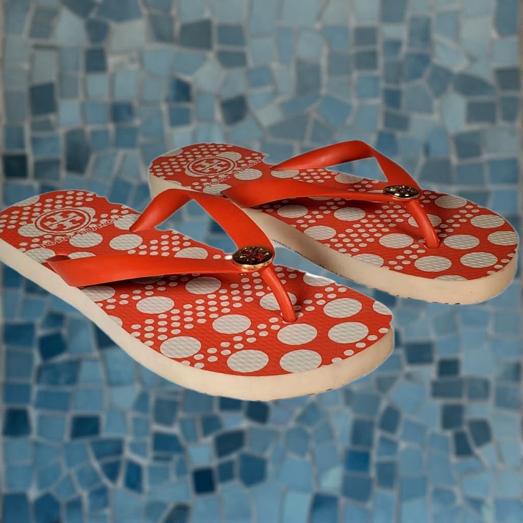 Tory Burch Tory Burch Printed Logo Thin Flip Flops Sandals Coral Red White Women's US 9 M Size US 9 / IT 39 - 1 Thumbnail