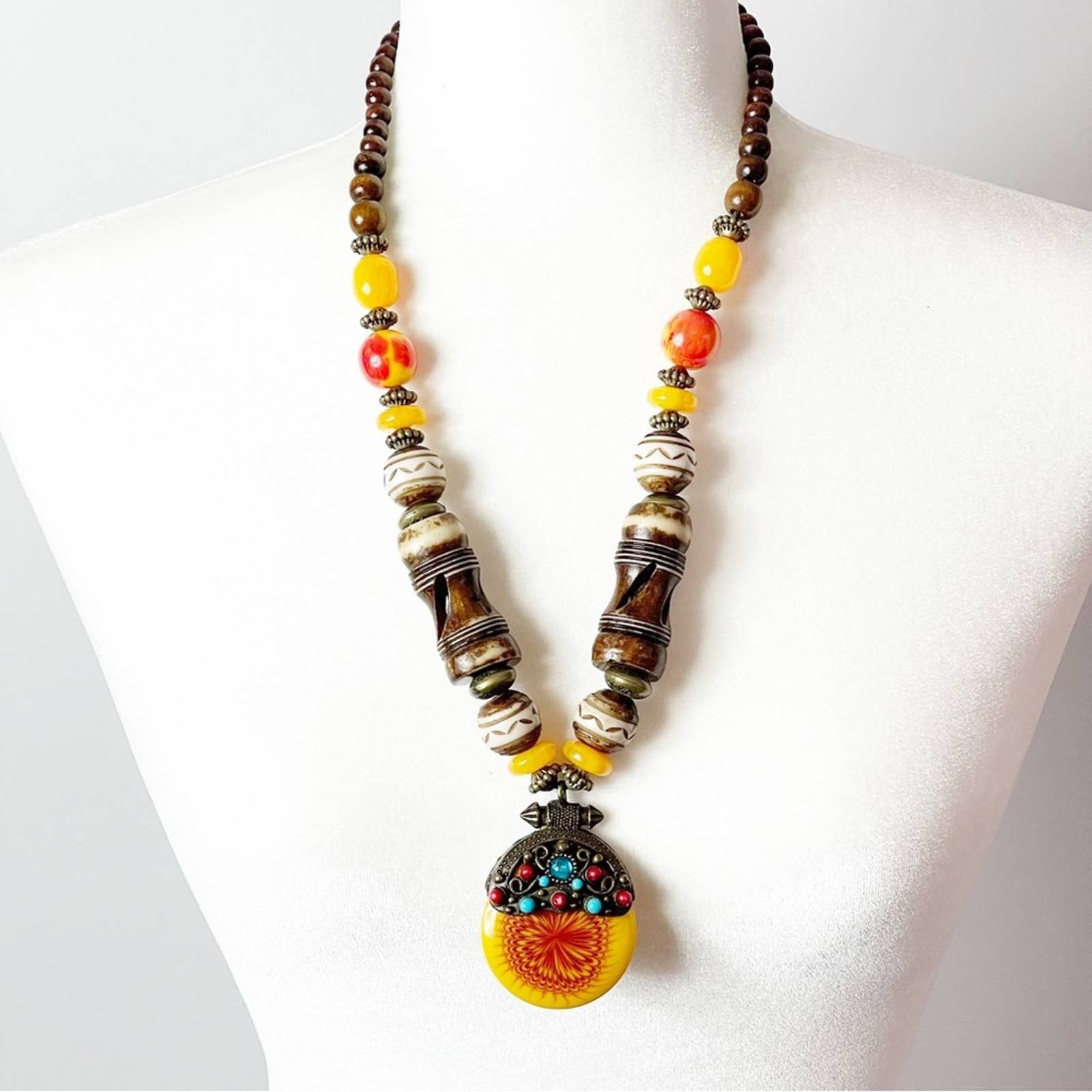 image of Vintage Sun Like Amazigh Amber & Bone Chunky Necklace in Yellow, Women's
