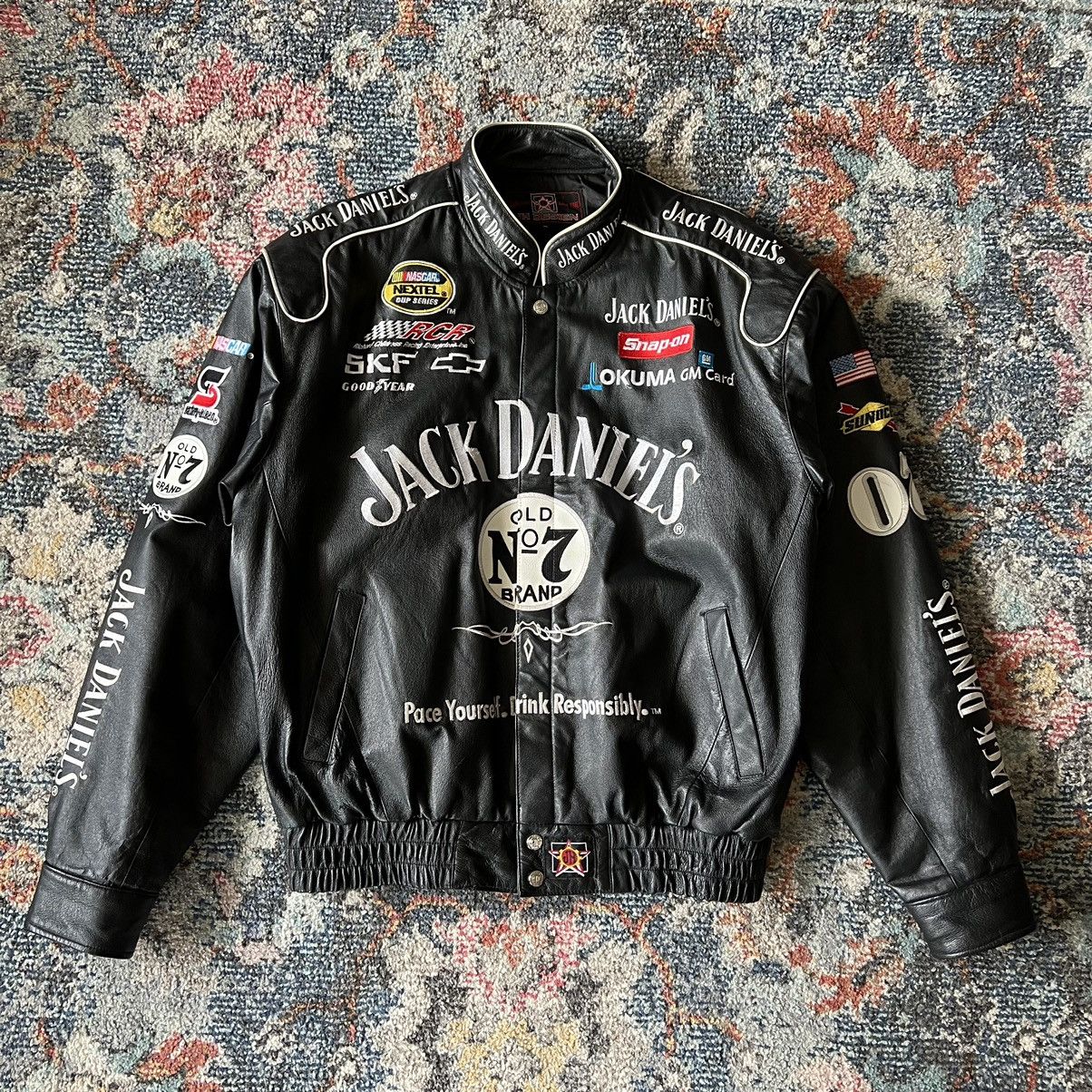 image of Vintage Jack Daniel’S Jh Design Leather Nascar Jacket Black, Men's (Size XL)