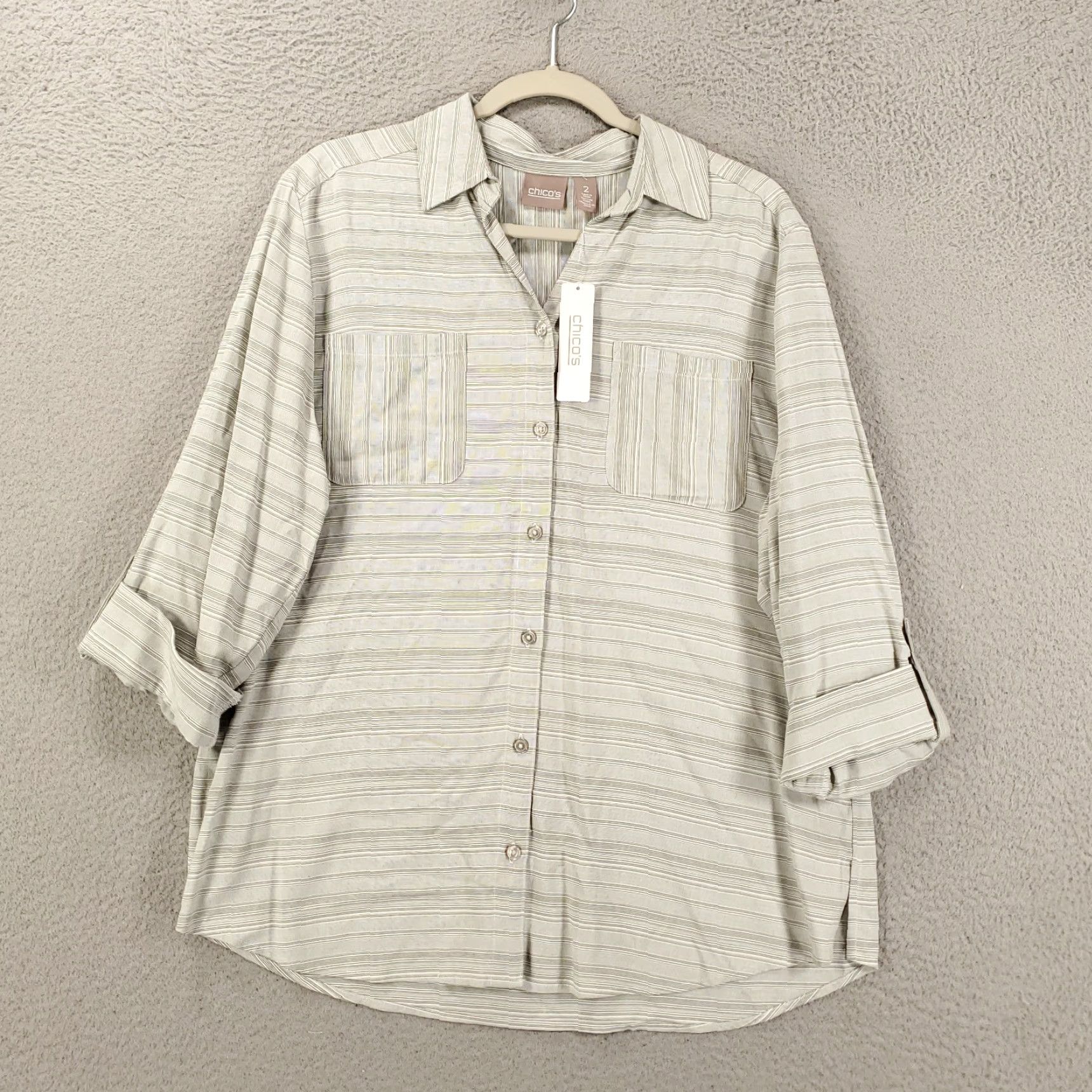 Vintage Chico's New Button Up Womens Large Gray 2 NWT Barcode Yarn Dye Long Sleeve Button-Up Casual Knit Rayon Regular L Gray Size L / US 10 / IT 46 - 2 Thumbnail