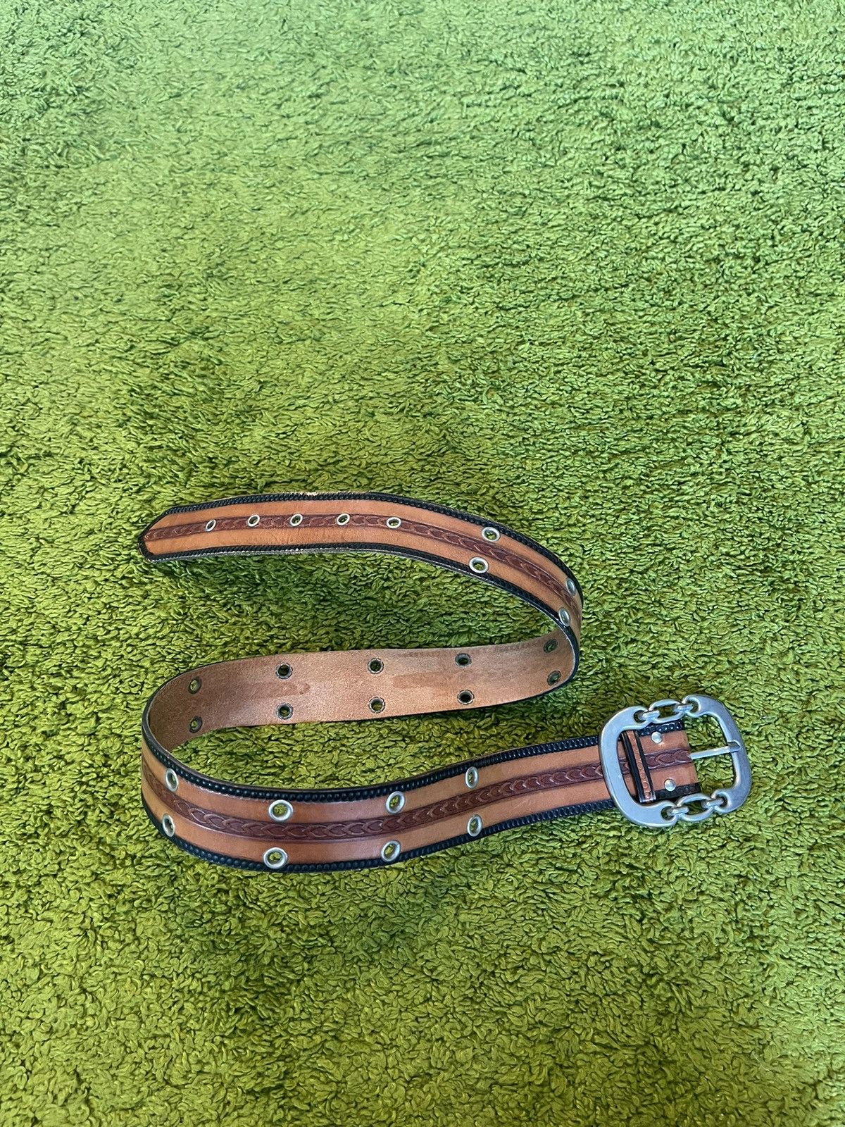 Cowboy Equipment × Genuine Leather × Vintage Western Cowboy style real leather chain pattern buckle belt Size 34 - 1 Thumbnail