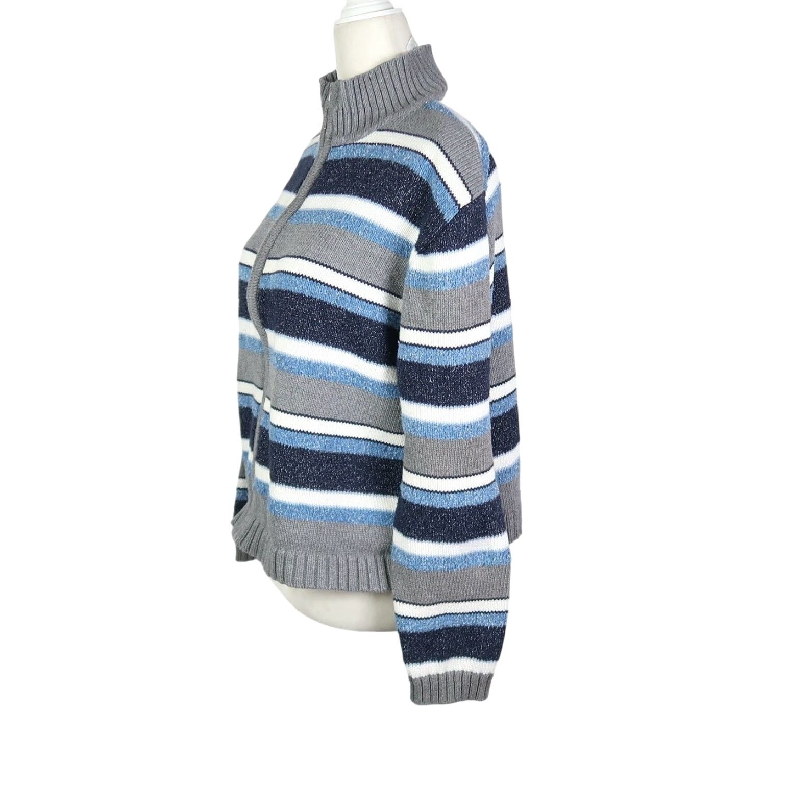 Liz Claiborne VINTAGE Liz Claiborne Cardigan Sweater Stripe Zip Grey Blue L Womens Long Sleeve Knit Fall Spring Winter Cashmere? Wait cannot add. Size L / US 10 / IT 46 - 3 Thumbnail