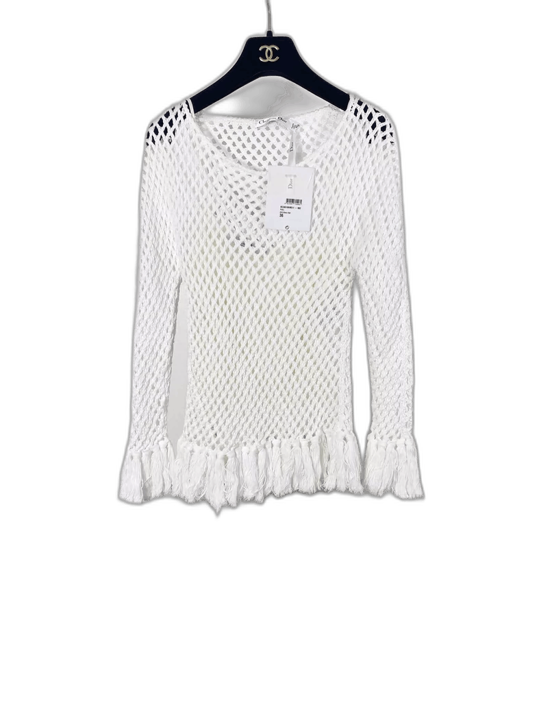 Dior White Cutout Fringed Top with Silk Lining Size S / US 4 / IT 40 - 1 Thumbnail