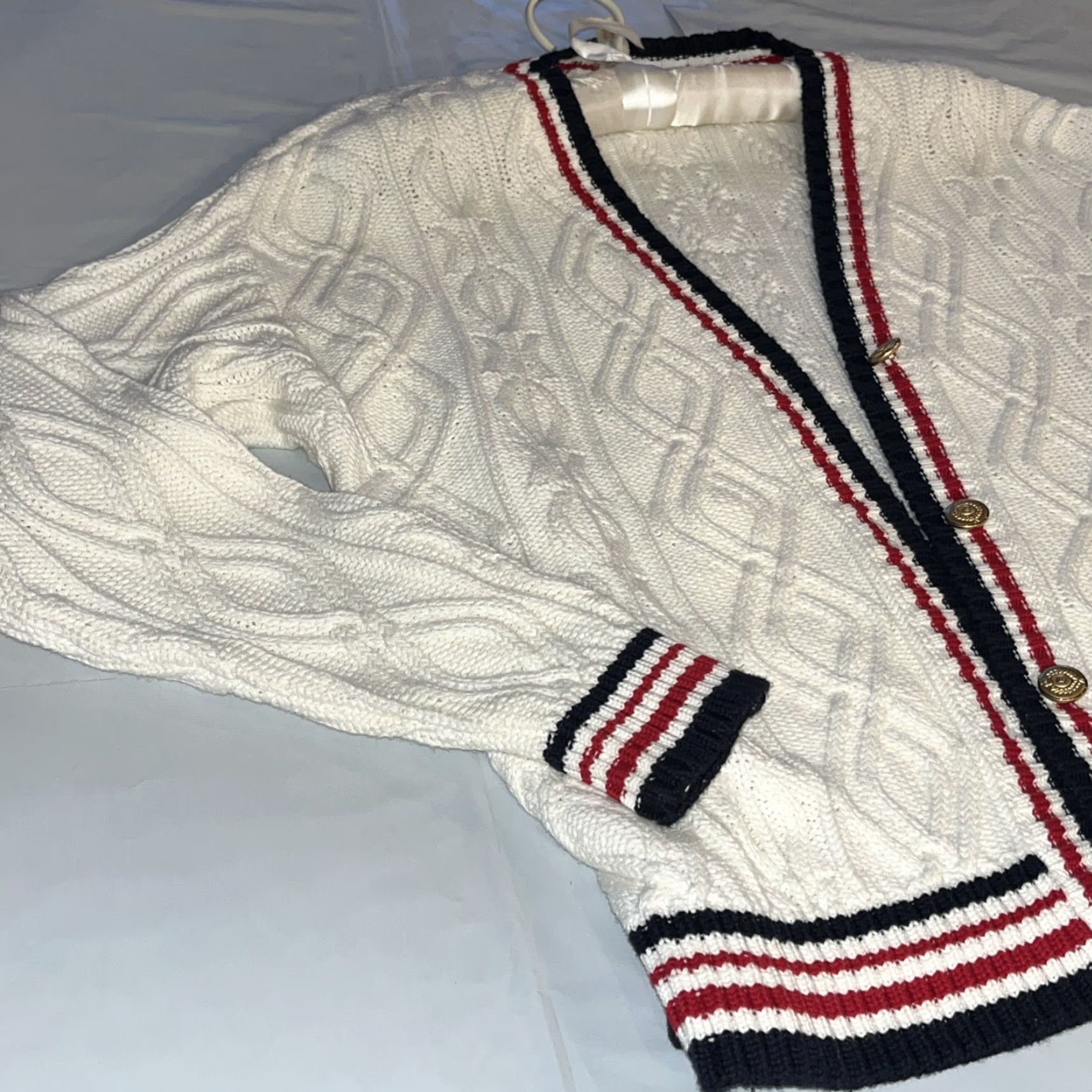 Vintage VINTAGE Lizsport Cardigan 90s KnIT Cable-V-Neck WhiteStripe Blue Red Gold Buttons Women Ps Petite Size S / US 4 / IT 40 - 5 Thumbnail