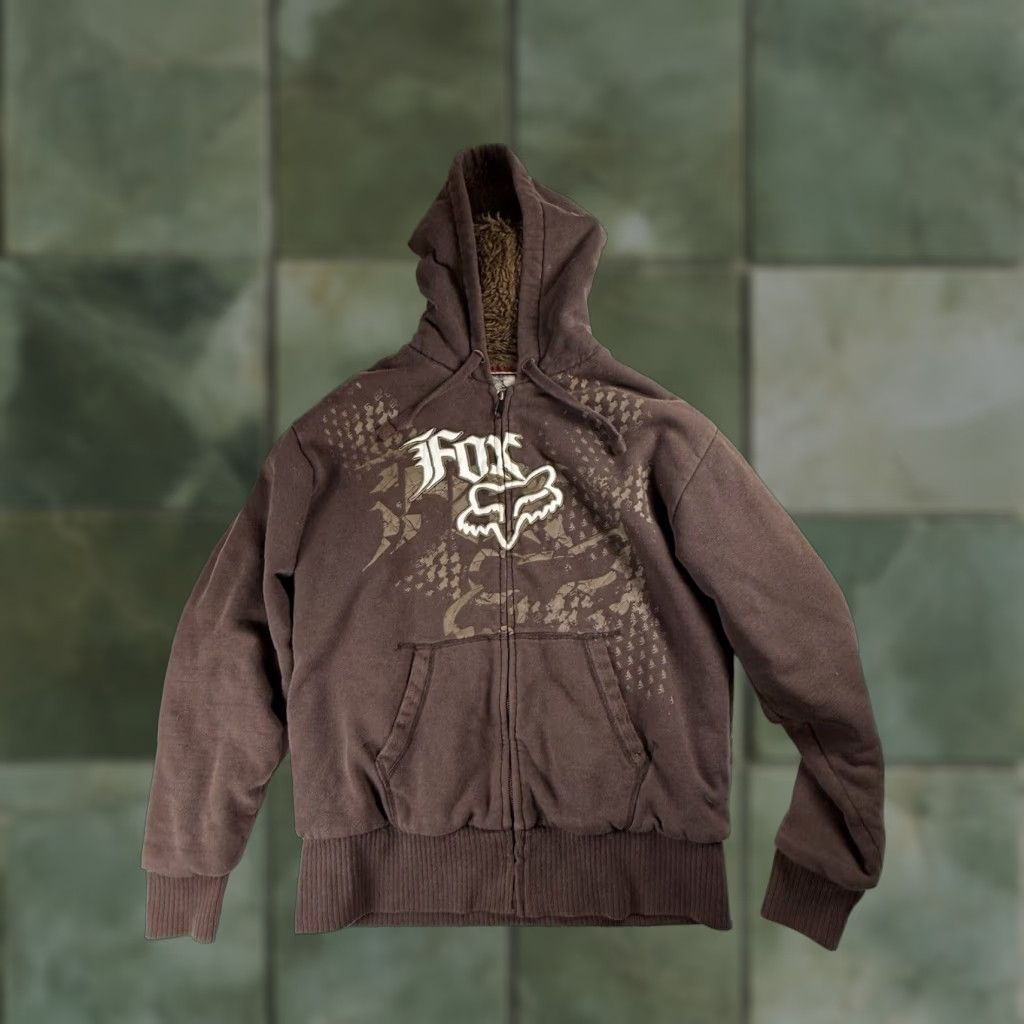 VINTAGE Fox Racing Hoodie Jacket Brown Faux Fur Lined Adult Large