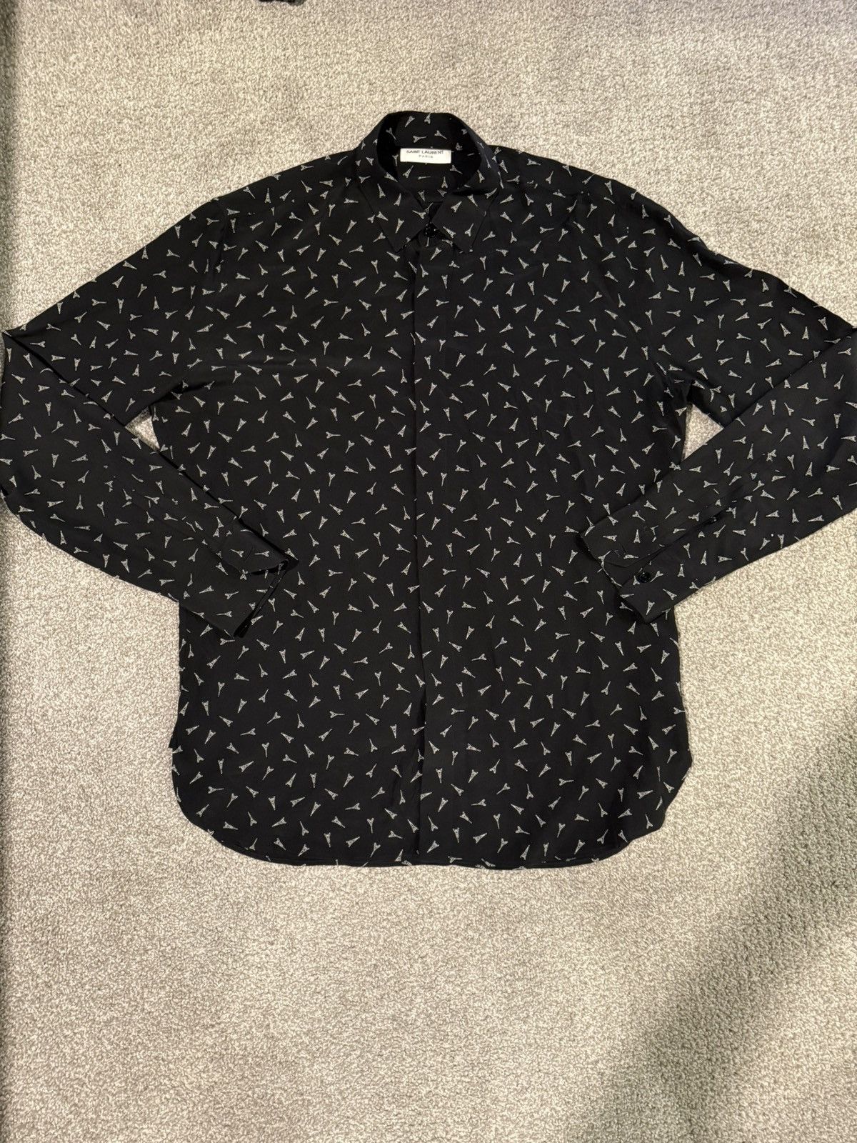 Saint Laurent Paris Saint Laurent YSL Black Eiffel Tower Print Silk Button Down Size US XXS / EU 40 - 2 Thumbnail
