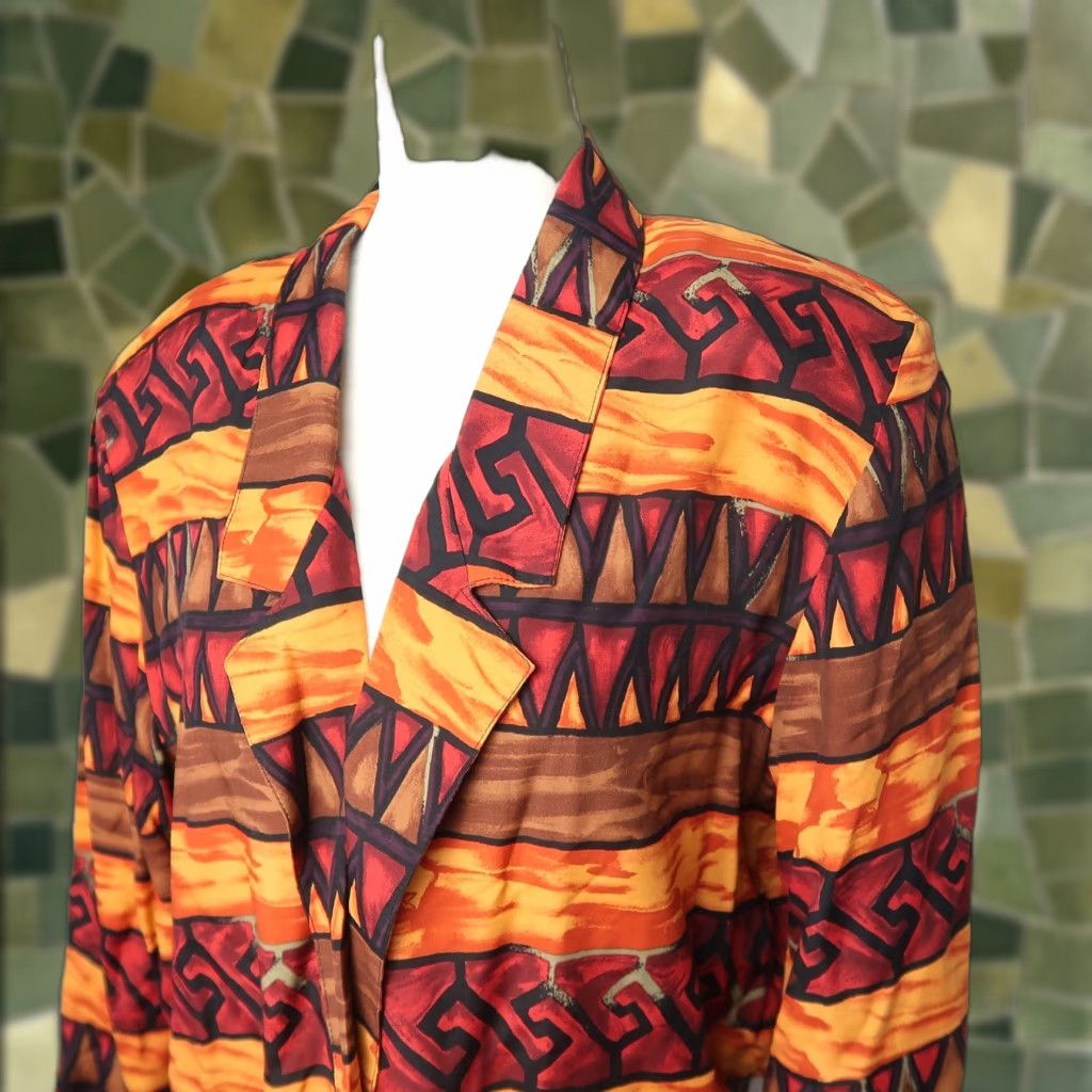 Vintage VINTAGE 80s orange brown geometric print blazer jacket Blazer Womens 10 Orange 80s Funky Arts & Crafts Size L / US 10 / IT 46 - 1 Thumbnail