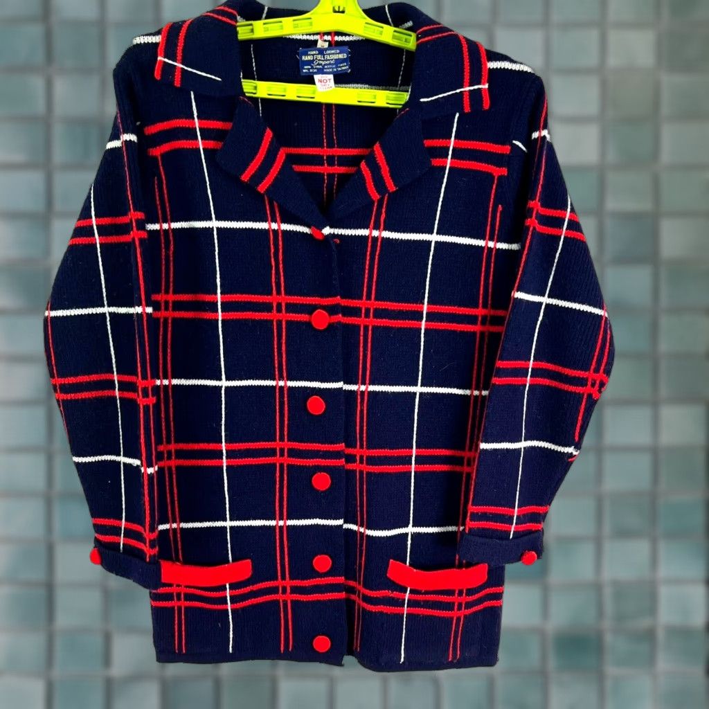 Vintage VINTAGE Hand Full Fashioned Cardigan Women M Blue Check Acrylic Size M / US 6-8 / IT 42-44 - 1 Thumbnail