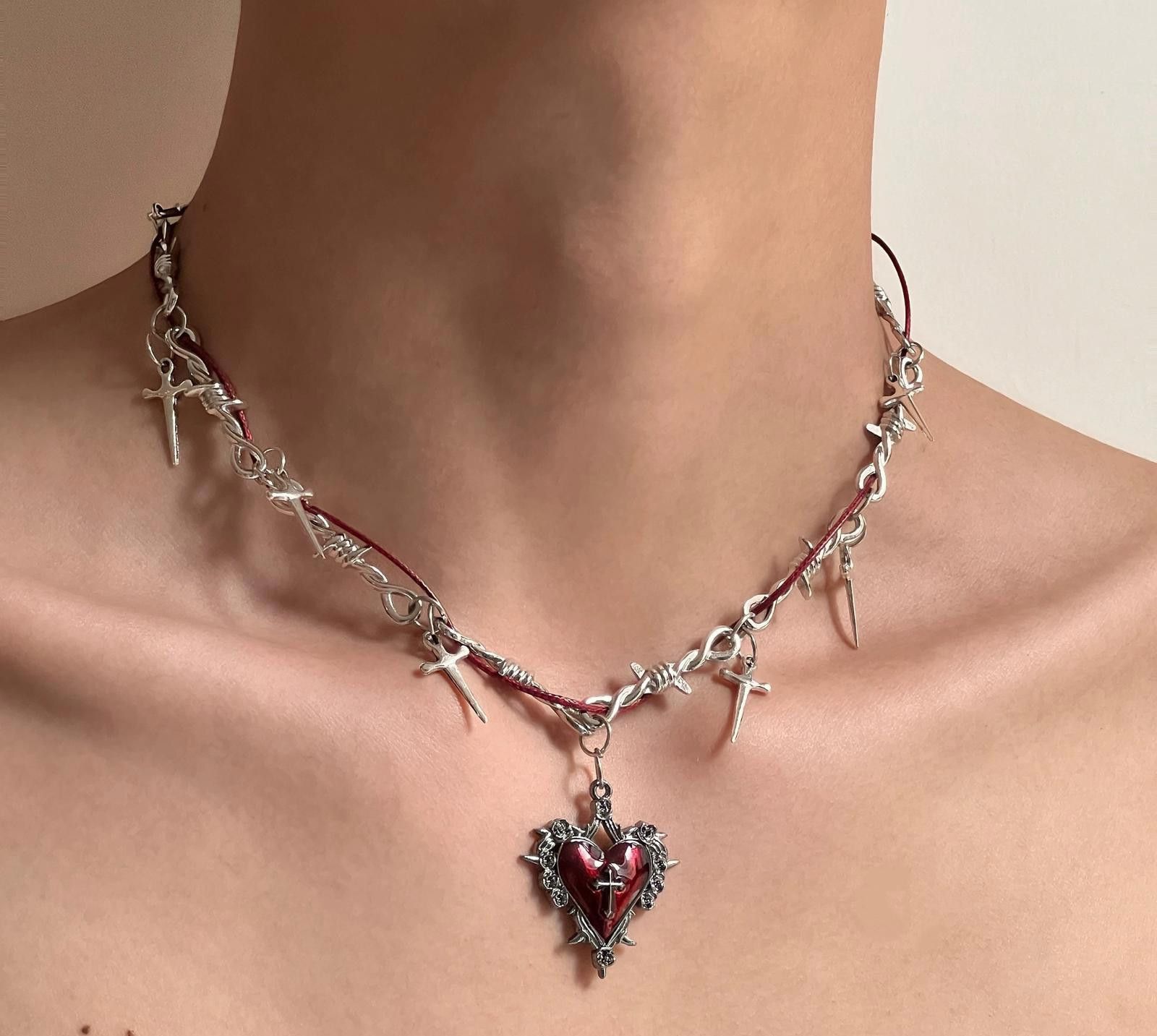 Jewelry Silver Barbed Wire Cross Necklace with Red Heart Pendant Size ONE SIZE - 1 Thumbnail