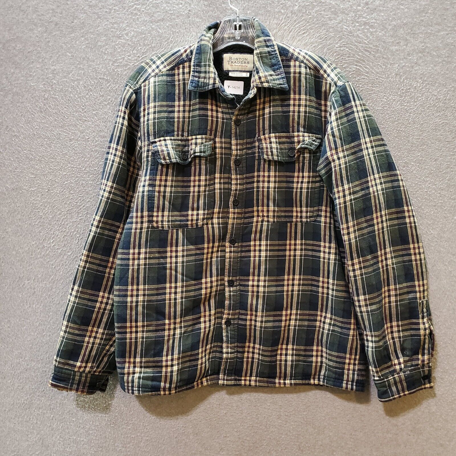 Vintage Boston Traders Men Jacket Medium Blue Plaid Flannel Shacket Sherpa  Lined Pockets