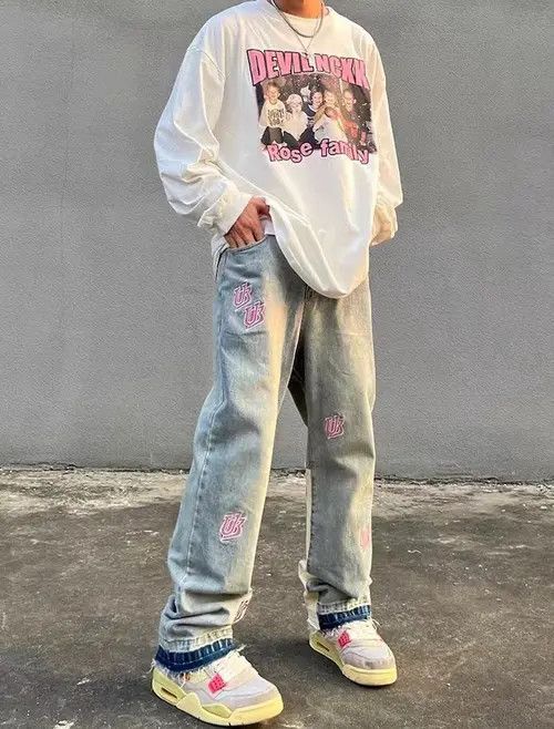 image of Washed Distressed Embroidered Lettering Jeans in Litgh Blue, Men's (Size 34)