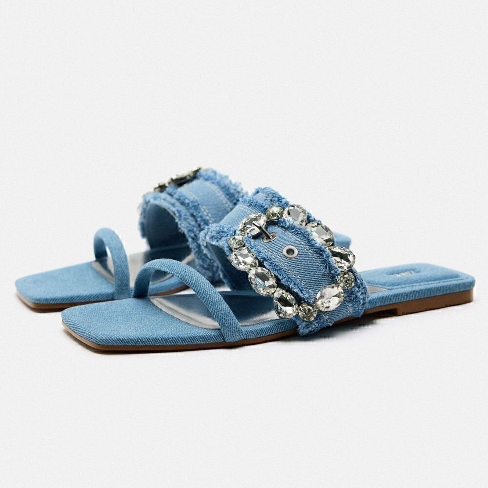 Zara ZARA Embellished Denim Slide Sandals NWT Size US 6.5 / IT 36.5 - 18 Thumbnail