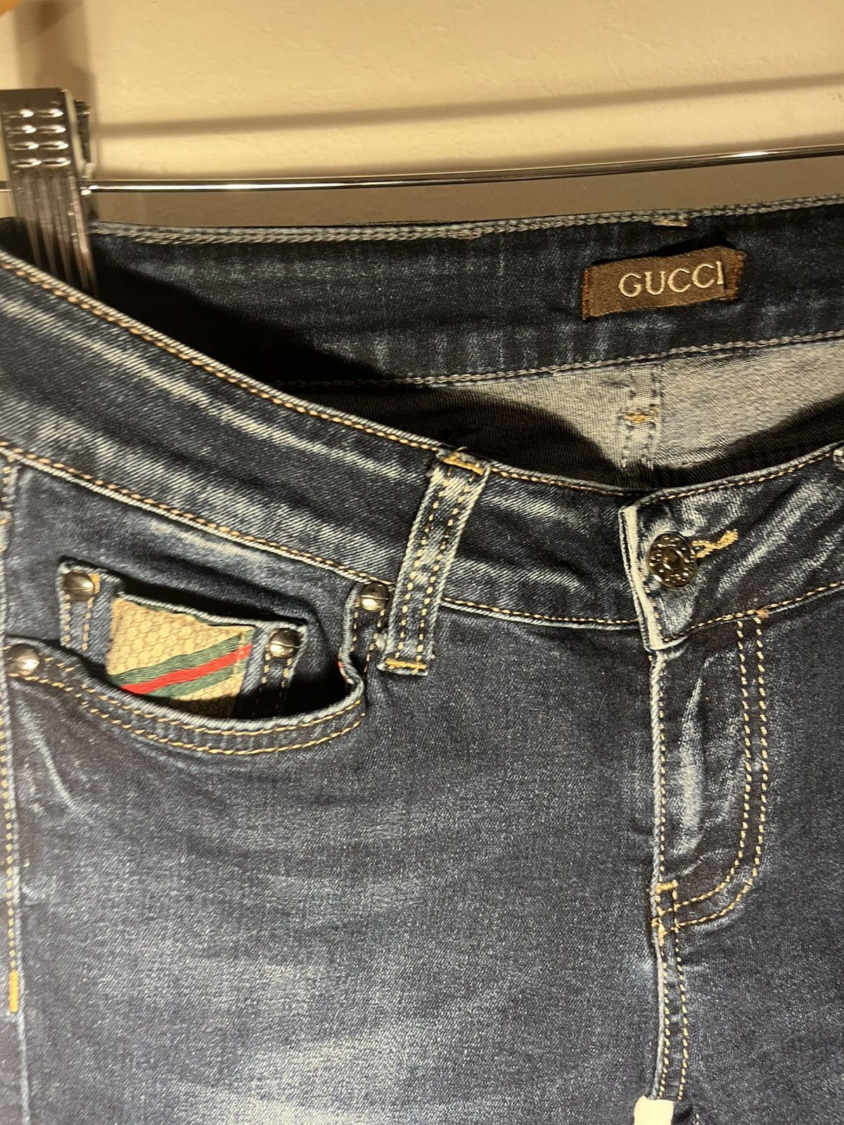 Gucci Gucci Blue Denim Slim-Fit Jeans Signature IT & Leather Detal Size 26" / US 2 / IT 38 - 4 Thumbnail