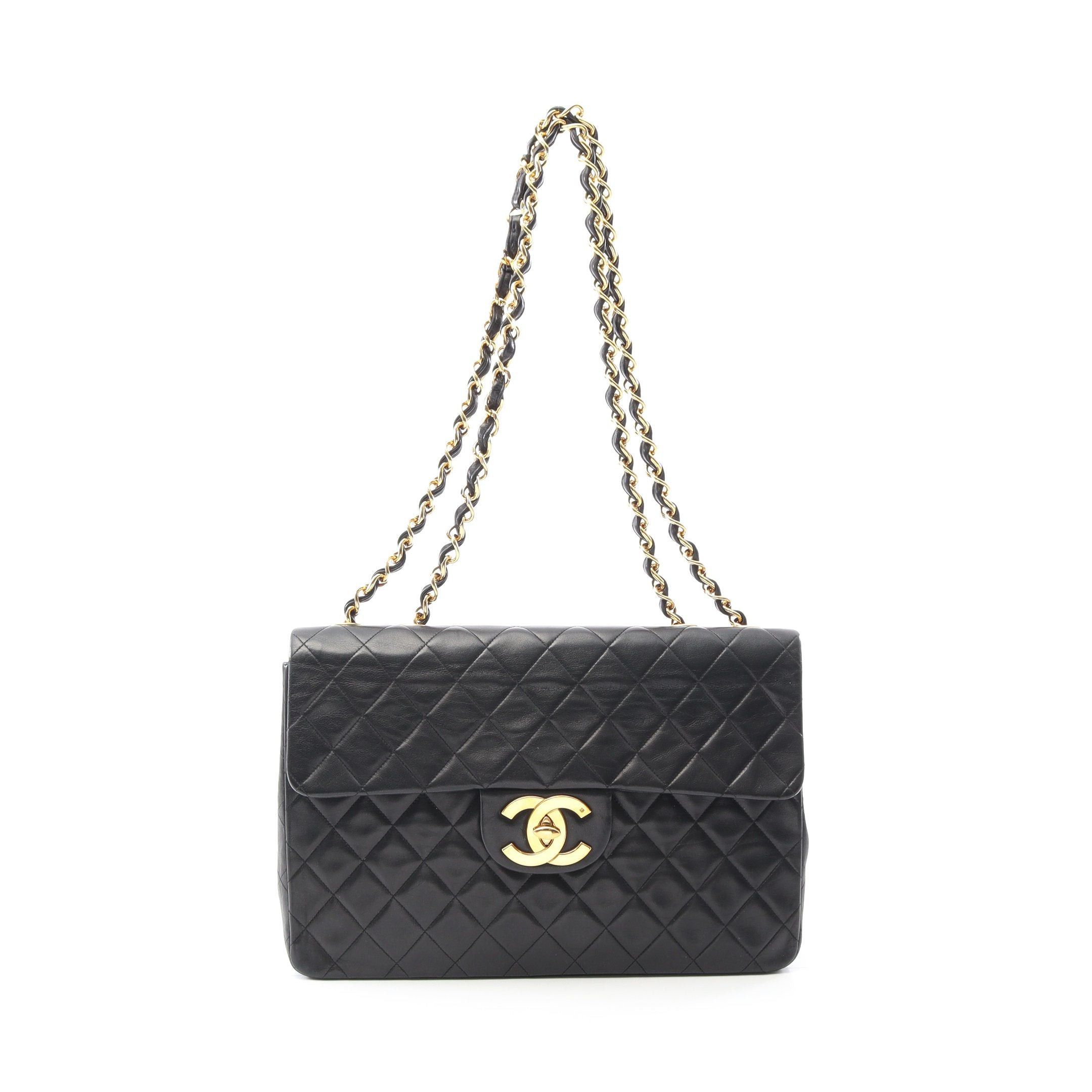 Chanel Decamatlassé 34 Double Chain Shoulder Bag Lambskin Black Gold Hardware