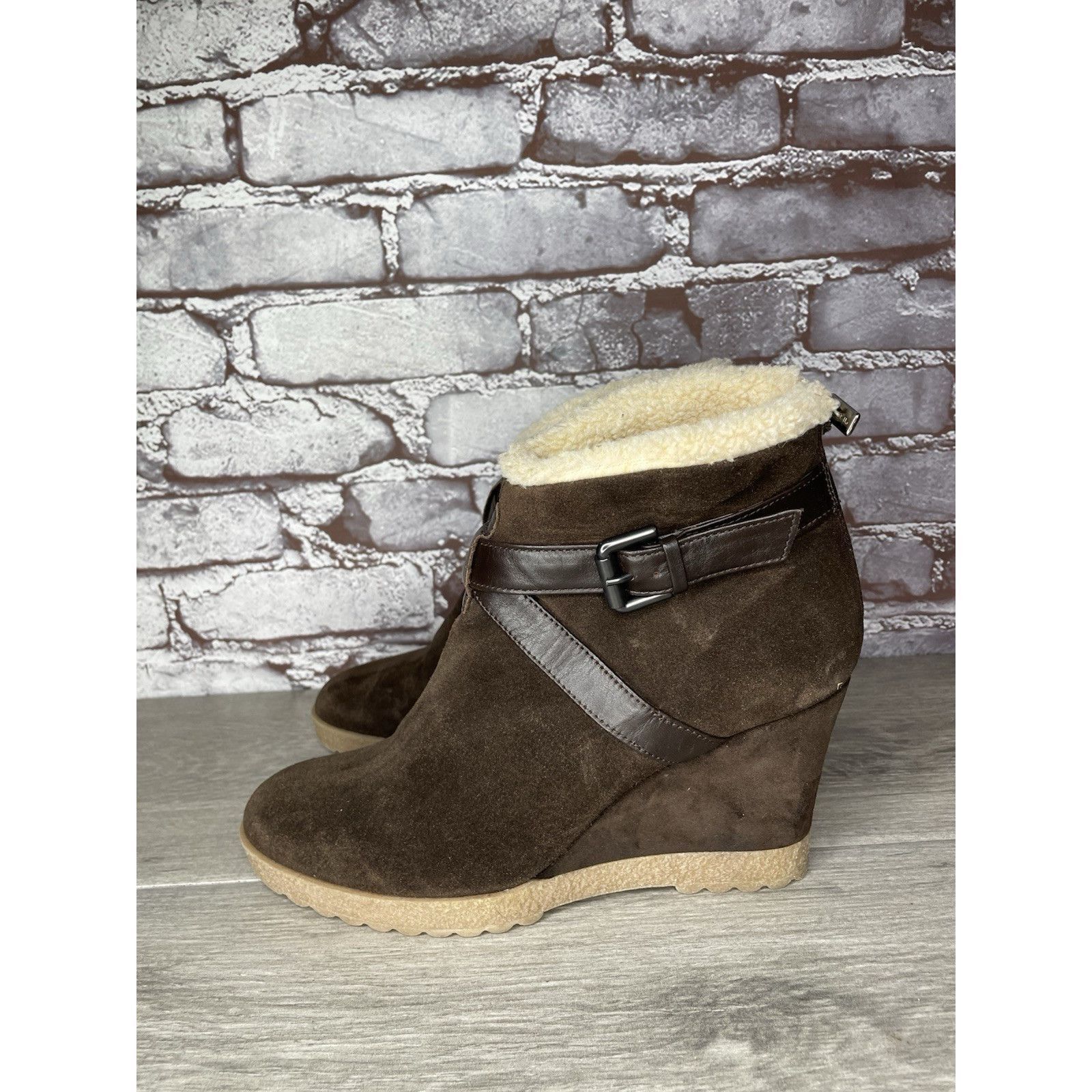 Aquatalia Aquatalia Brown Suede Faux Fur Strap Ankle Wedge Booties Wom Size US 10 / IT 40 - 3 Thumbnail