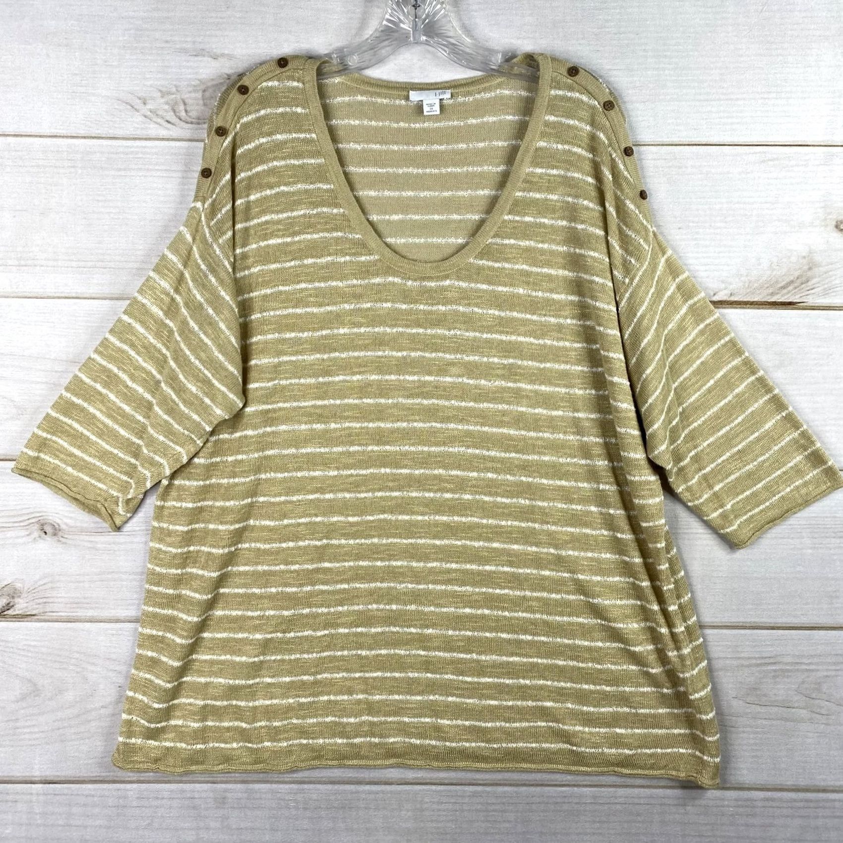 J. Jill J. Jill Blouse Womens 2X Tan White Linen Blend Knit V Neck Button Detail Short Sleeve Floral Striped Bohemian Beach Classic Mens? Size XXL / US 16-18 / IT 52-54 - 2 Thumbnail