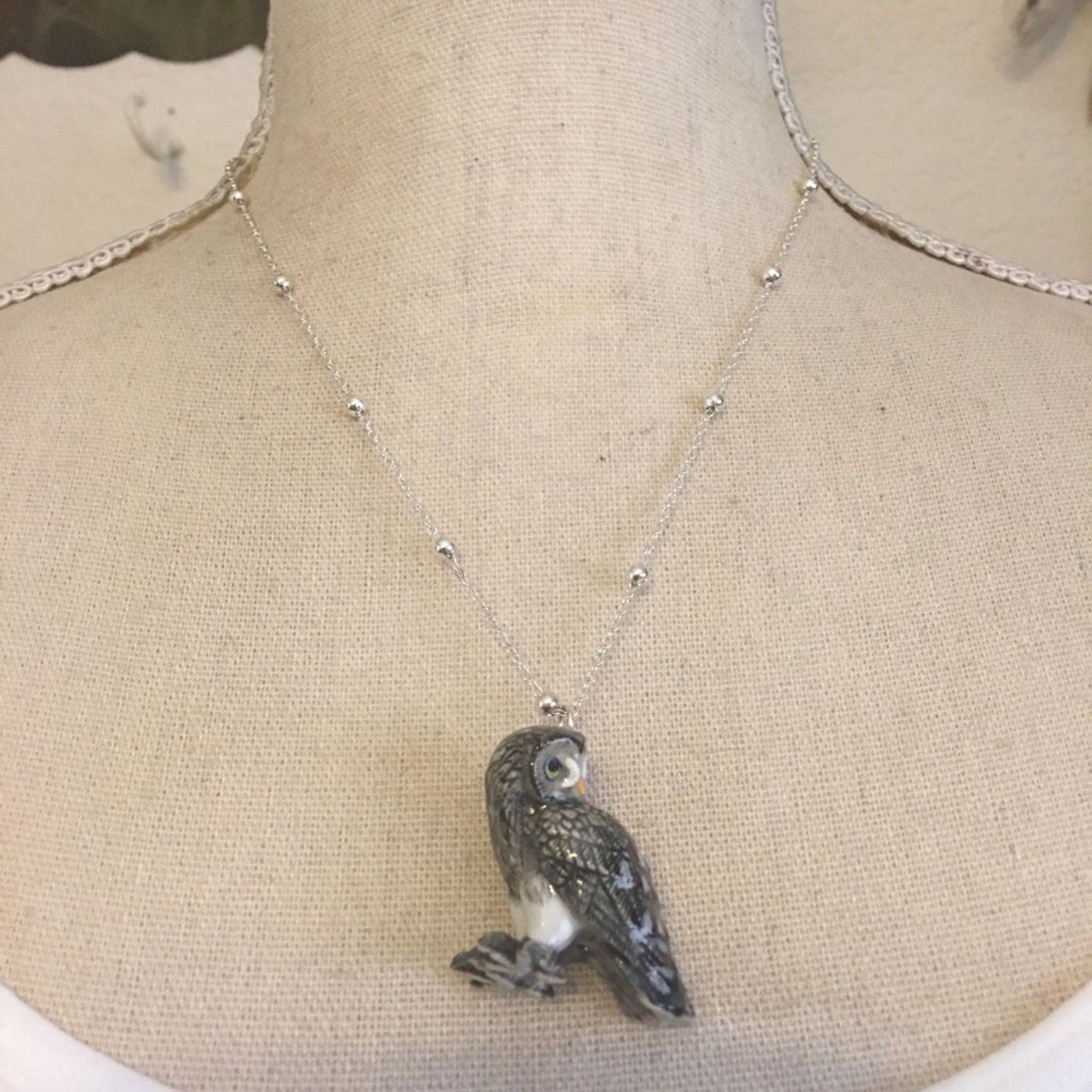 Jewelry Ceramic owl pendant silver plated chain necklace Size ONE SIZE - 1 Thumbnail