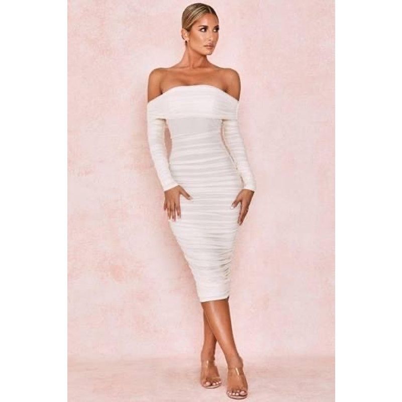 House of CB ANAIS Ivory Tulle Off Shoulder Ruched Midi Dress