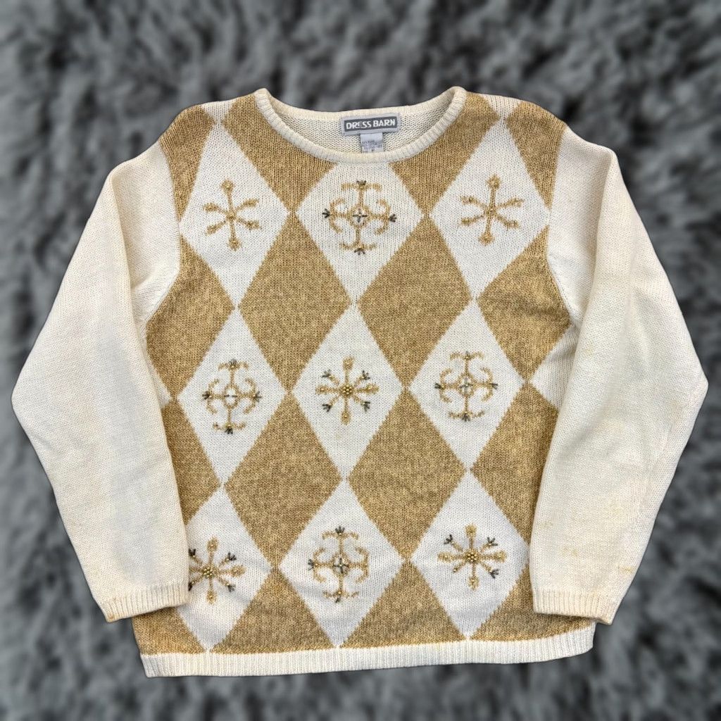 Vintage VINTAGE Dressbarn Sweater Womens Medium Ivory Argyle Pullover Asymmetrical Sleeve Jewel Beaded Logo 90s Christmas Classic Holiday Retro Size M / US 6-8 / IT 42-44 - 1 Thumbnail