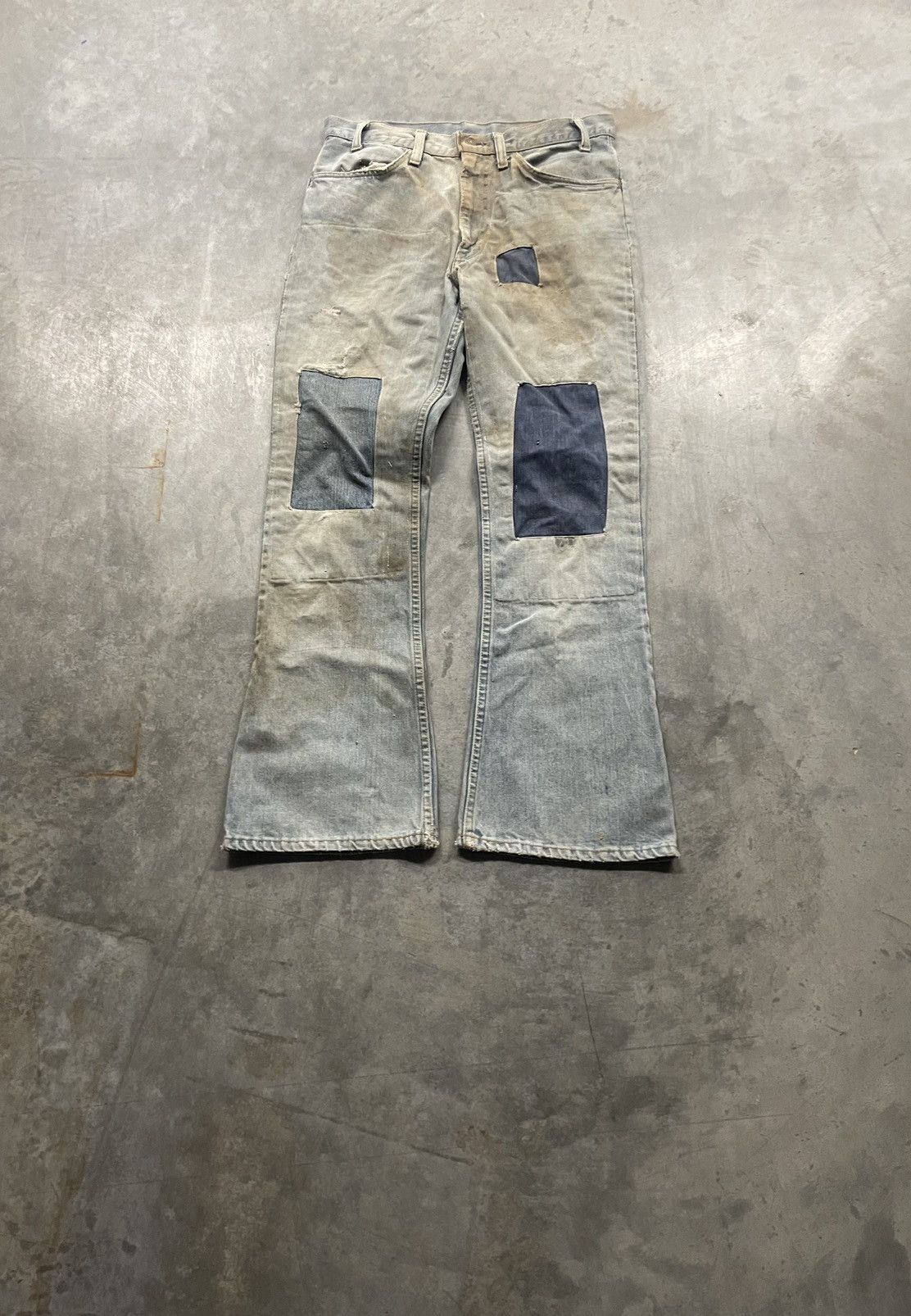 image of Levis x Vintage 70's Levi’S Mud Washed Repaired Bell Bottom Jeans in Light Blue, Men's (Size 31)