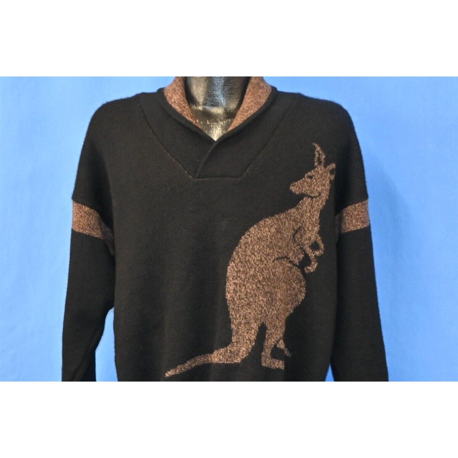 image of Kangaroos VTG 70's Hysport Australia Down Under Kangaroo Wool Shawl Neck Sweater Youth XL in White