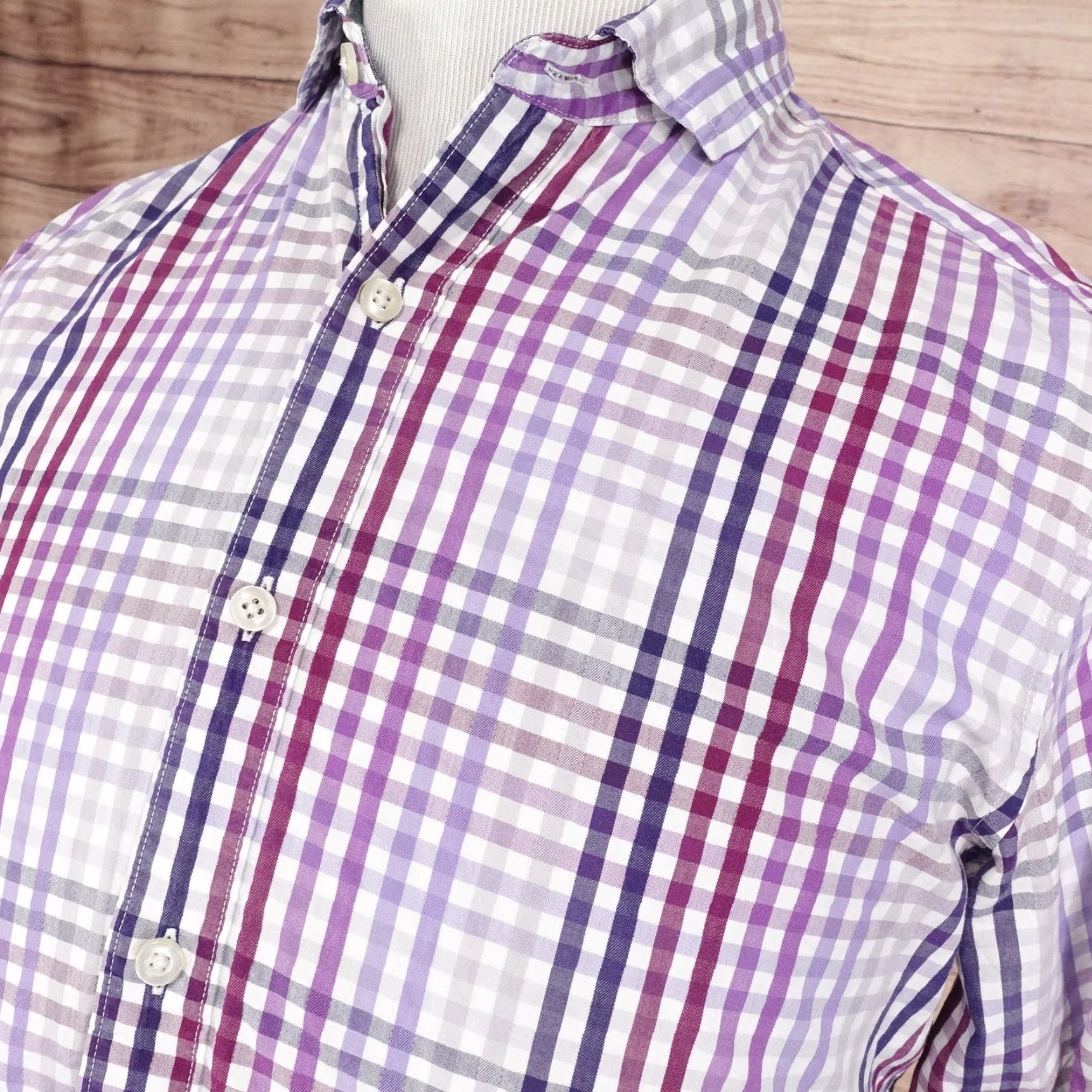 Liz Claiborne Claiborne Slim Fit Button-Up Shirt Mens Medium Purple Plaid Long Sleeve Casual Size US M / EU 48-50 / 2 - 2 Thumbnail