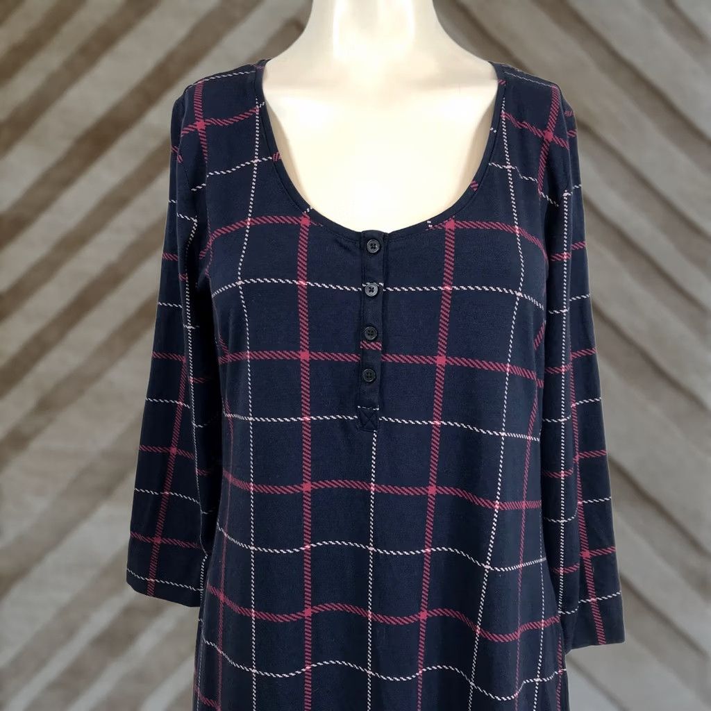Vintage Soma Womens Henley Sleep Dress 3/4 Sleeve Plaid Navy Blue Red Windowpane Knit Cotton Blend M/L? Size S / US 4 / IT 40 - 1 Thumbnail