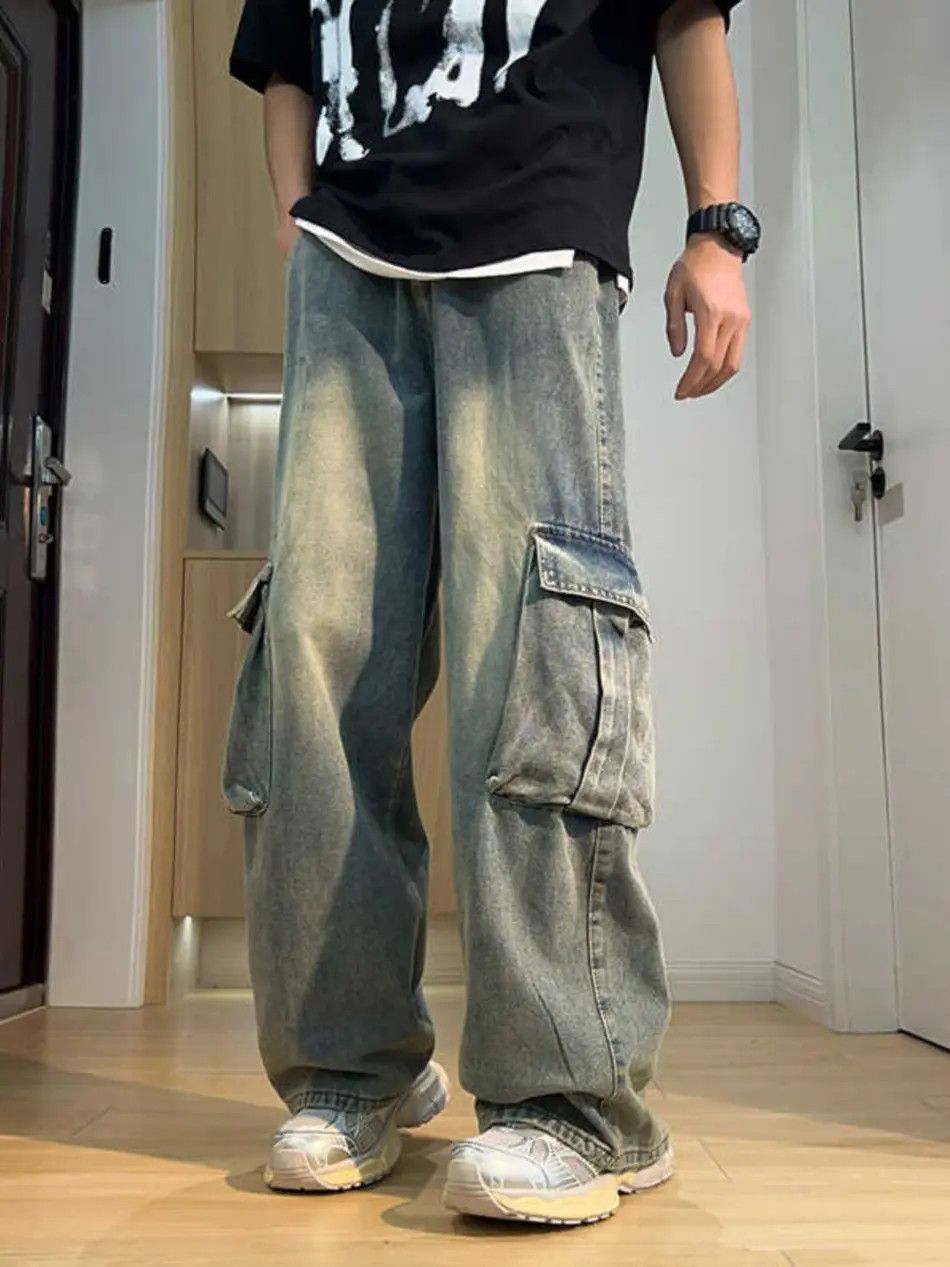 Japanese Brand Retro floor mopping large pocket loose straight leg jeans Size US 32 / EU 48 - 1 Thumbnail