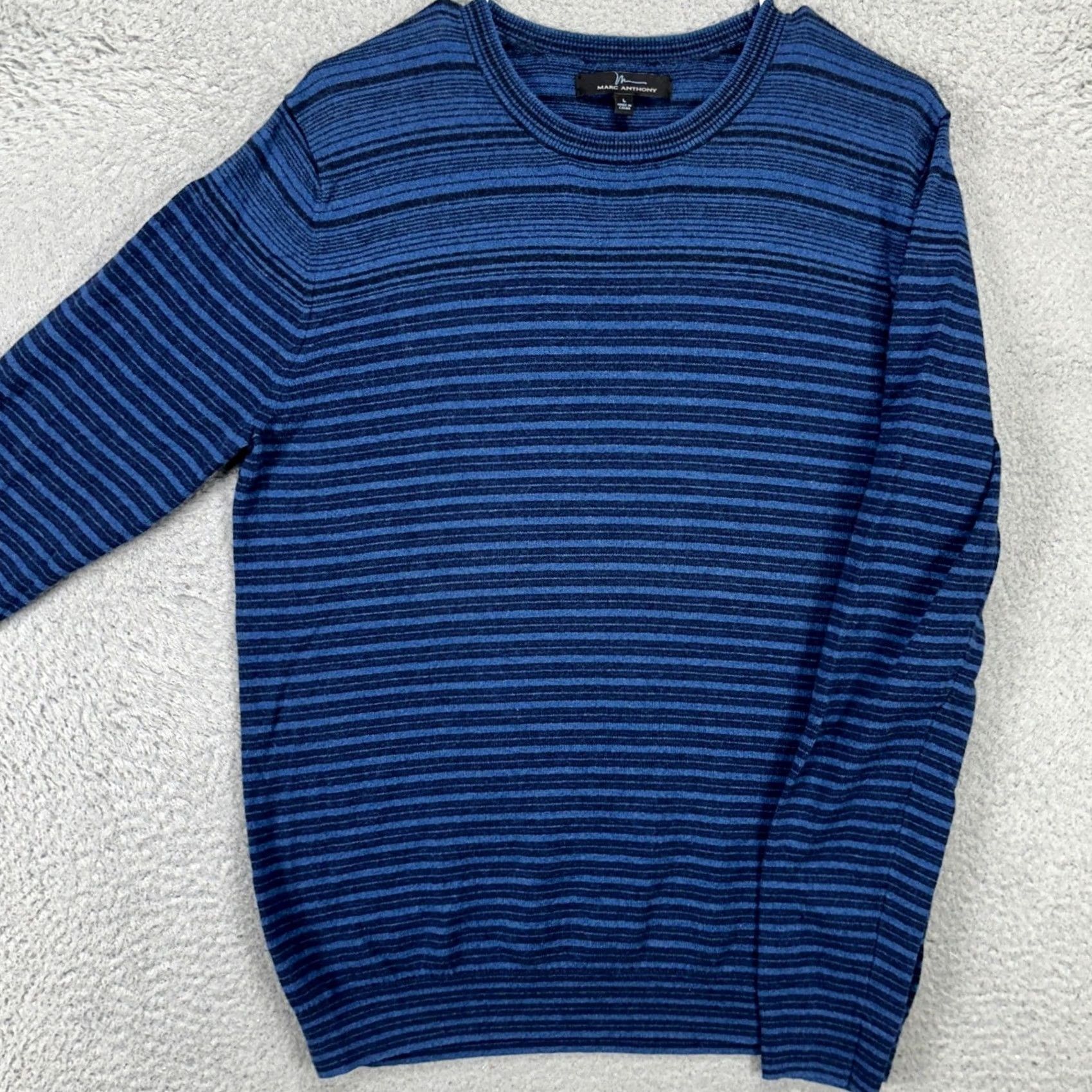 Vintage Marc Anthony Mens Sweater Blue Large Striped Crewneck Cashmere Blend Lightweight Knit Pullover Casual Adult Knit Comfort Mens Size L Size US L / EU 52-54 / 3 - 2 Thumbnail