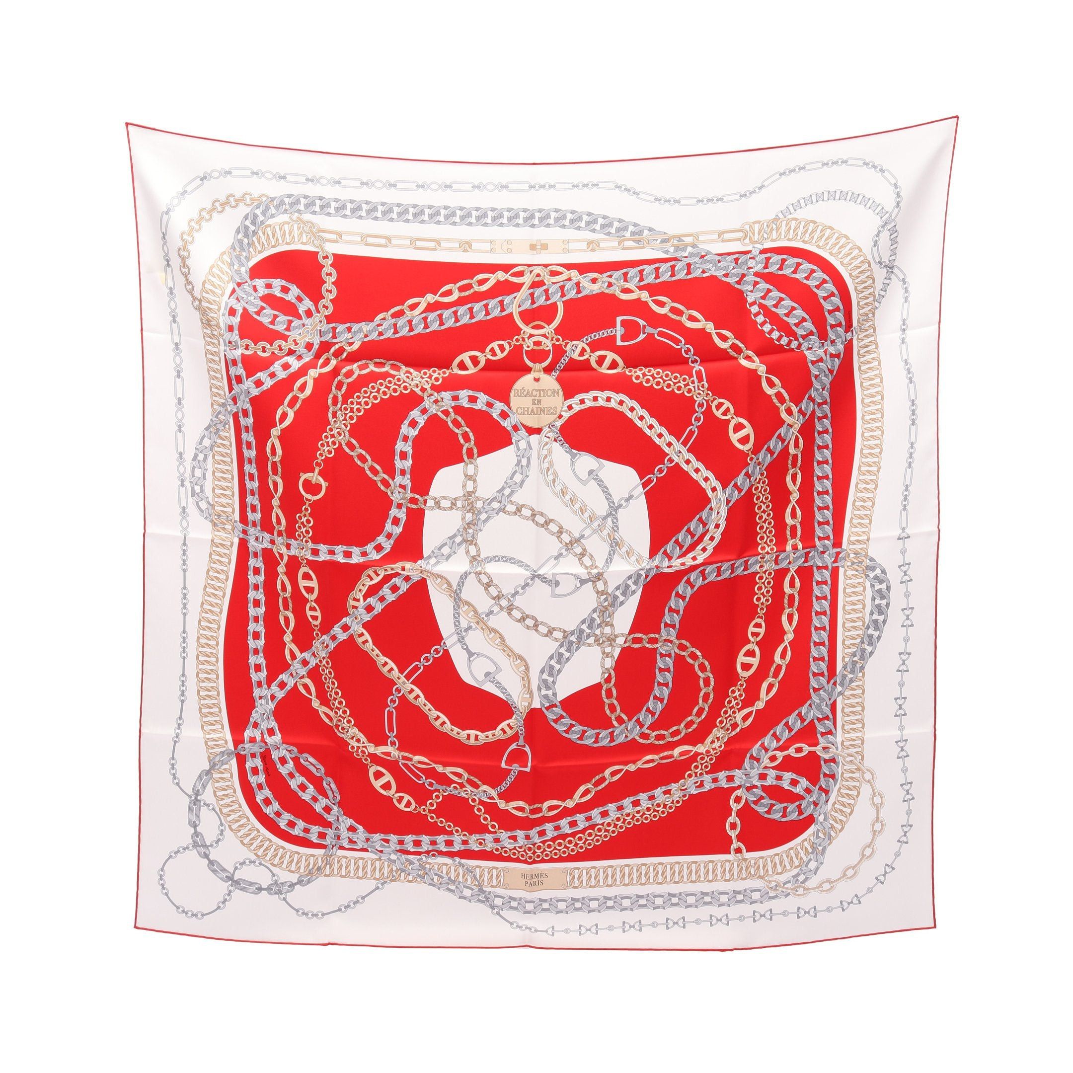 Hermes Hermes Carres 90 Reaction En Chaines Scarf Silk Off White Red Multicolor Size ONE SIZE - 1 Thumbnail