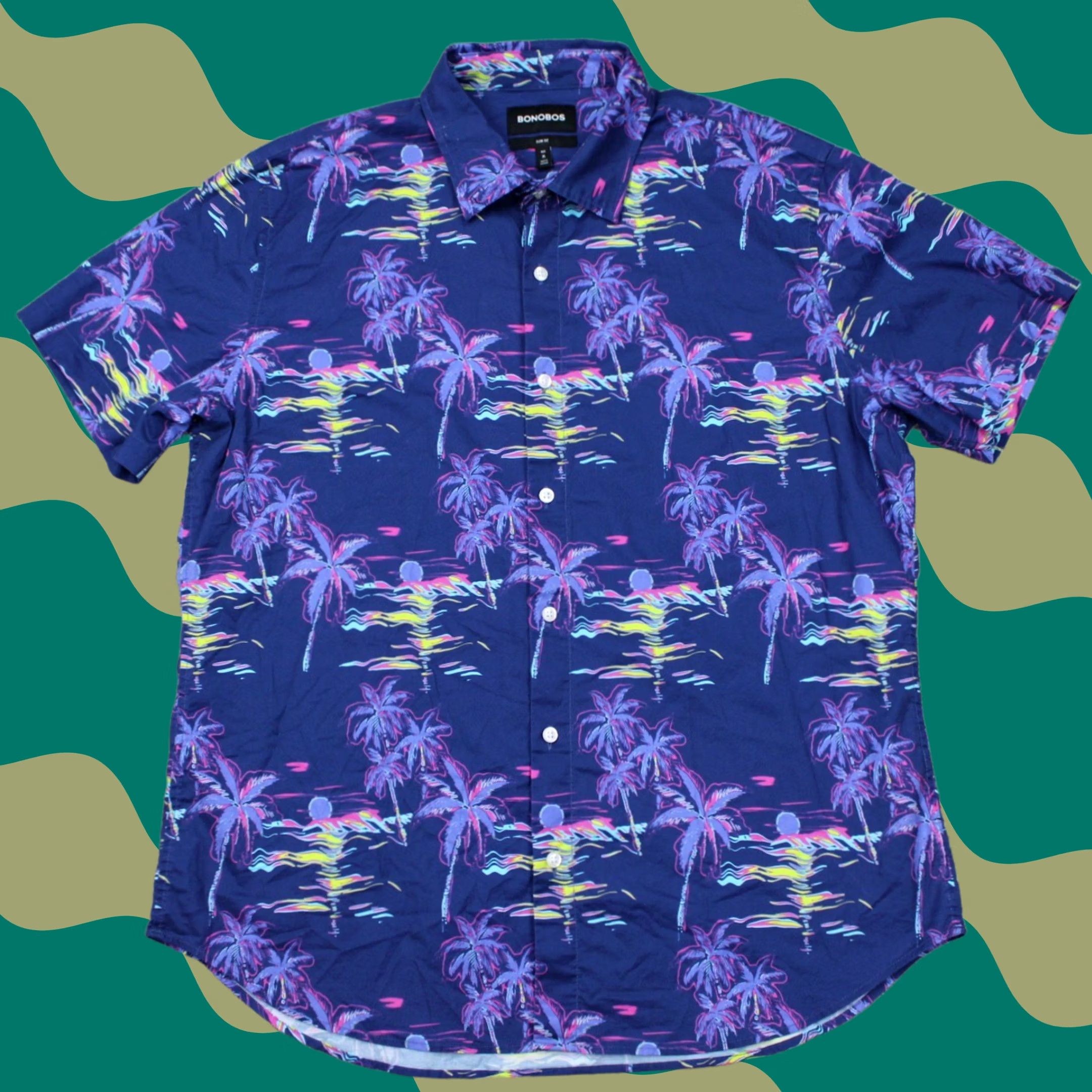 Bonobos Bonobos Slim Fit Button-Up Shirt Mens XL Purple Palm Trees Floral Short Sleeve Cotton Nylon Stretch Casual Travel Button-Down Size US XL / EU 56 / 4 - 1 Thumbnail