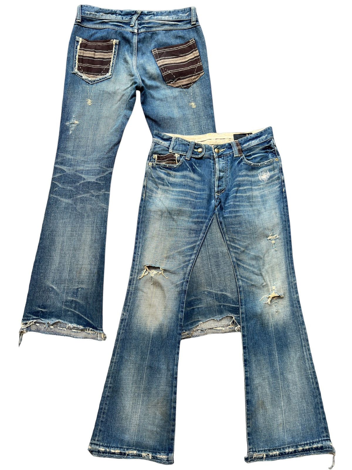 image of Hype Flare Rico Japan Distressed Patchwork Denim Jeans 33X33 in Blue, Men's