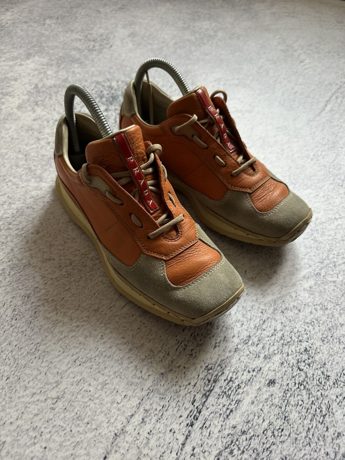Prada Prada Red Tab Orange Leather Gray Suede Trainers Sneakers Size US 7 / IT 37 - 2 Thumbnail