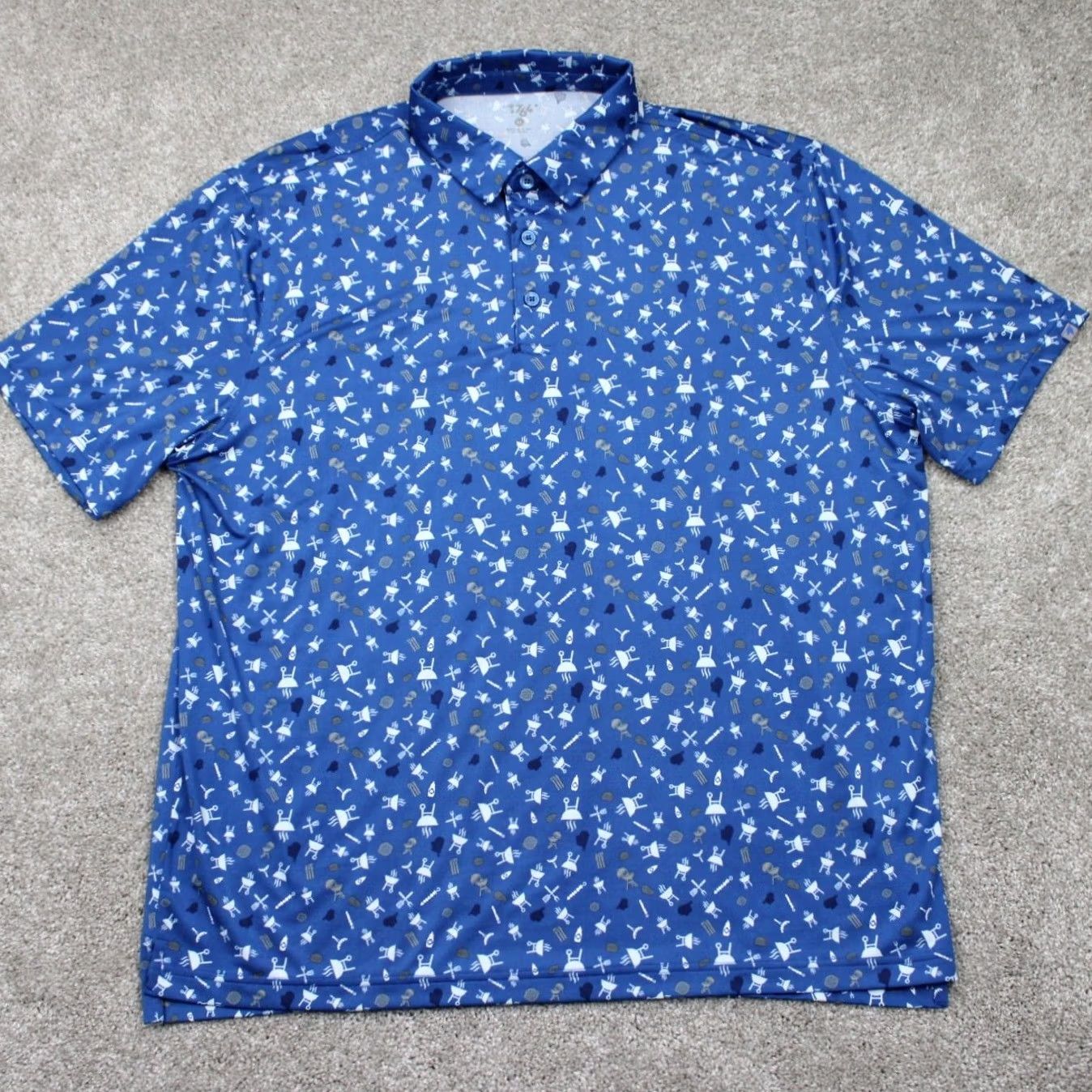 Vintage 1764 Polo Shirt Mens XL Blue Geometric All Over Print Stretch S/S Golf Polo Size US XL / EU 56 / 4 - 2 Thumbnail