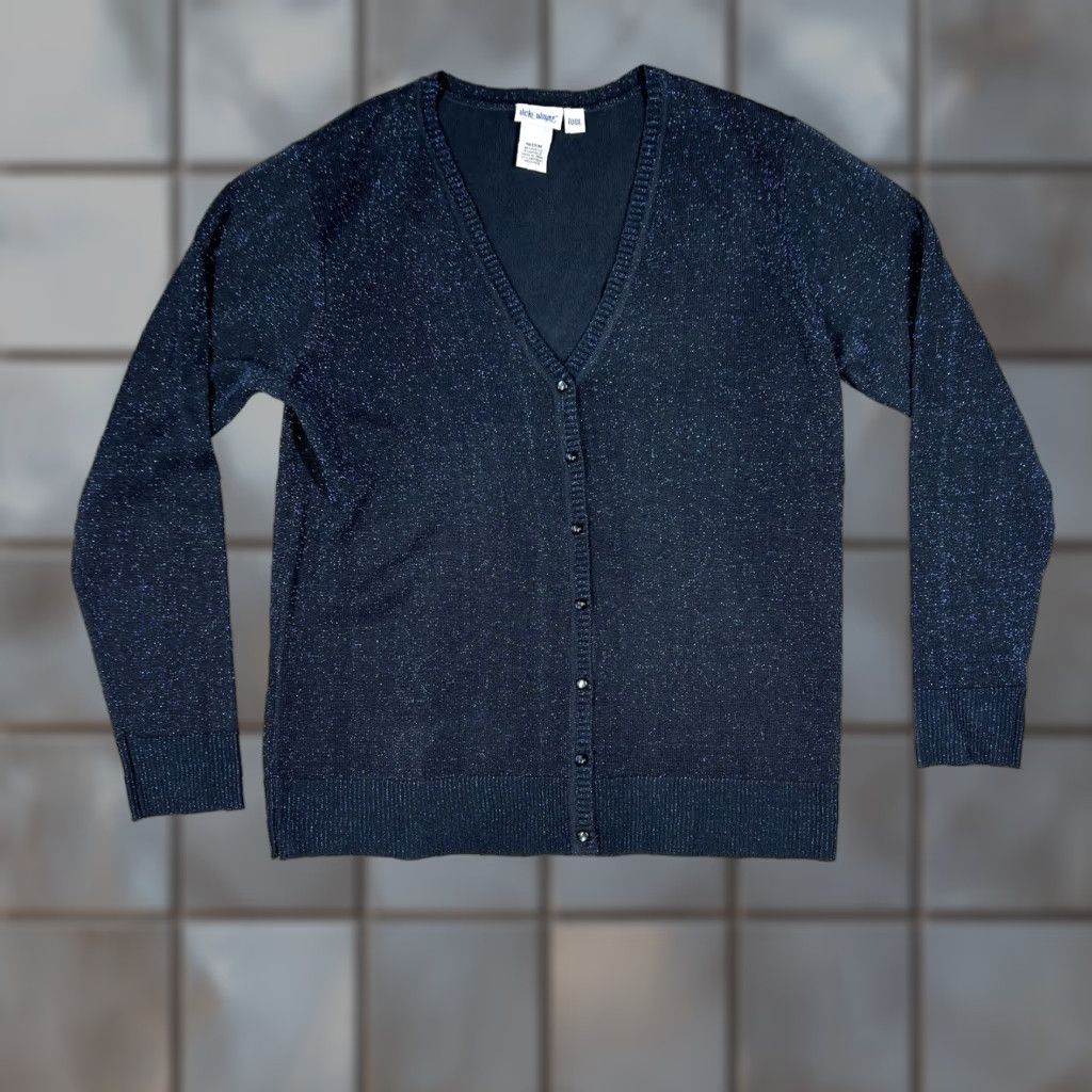 Vintage Vicki Wayne Cardigan Sweater Women’s Medium Navy Blue Glitter Shimmer Open V-Neck Long Sleeve Knit Slub Open Closure Everyday Size M / US 6-8 / IT 42-44 - 1 Thumbnail