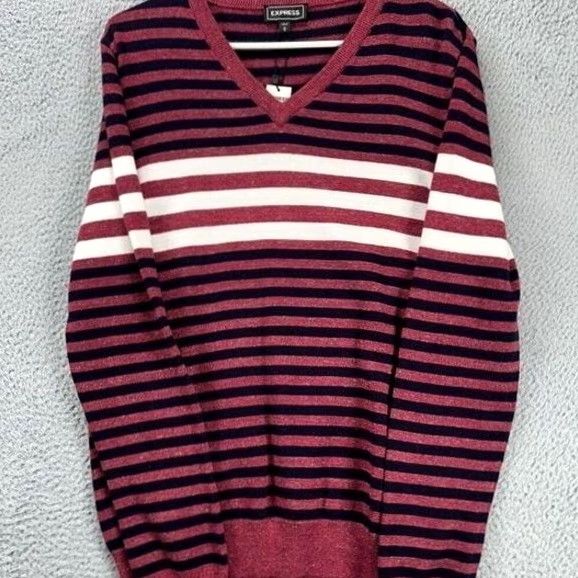 Express Express V-Neck Sweater Mens Medium Red Striped Long Sleeve Pullover NEW Size US M / EU 48-50 / 2 - 4 Thumbnail