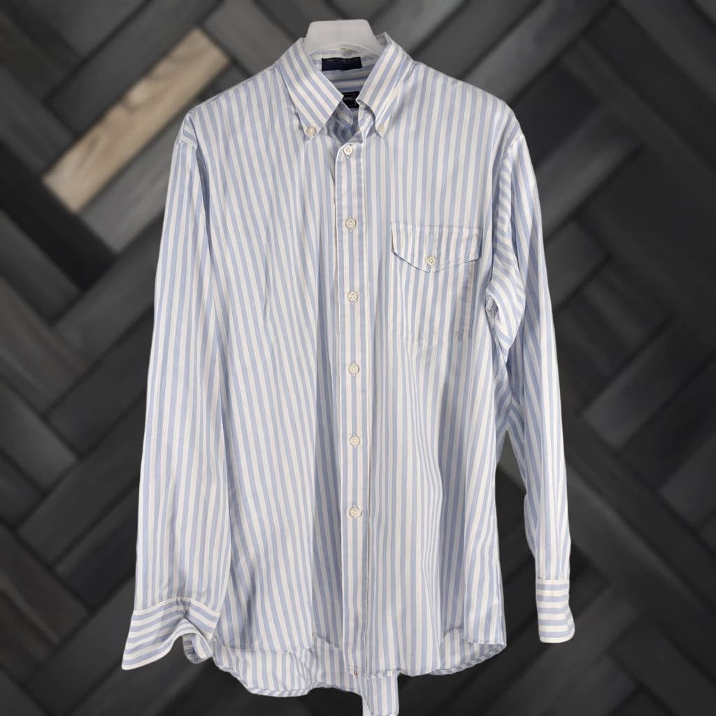 Vintage VINTAGE Hathaway Shirt Pima Cotton Oxford Striped Button-Down Flap Pocket USA Shirt Mens 80s USA Maine Blue 46in Chest 16.5 Regular Cotton Size US XL / EU 56 / 4 - 1 Thumbnail