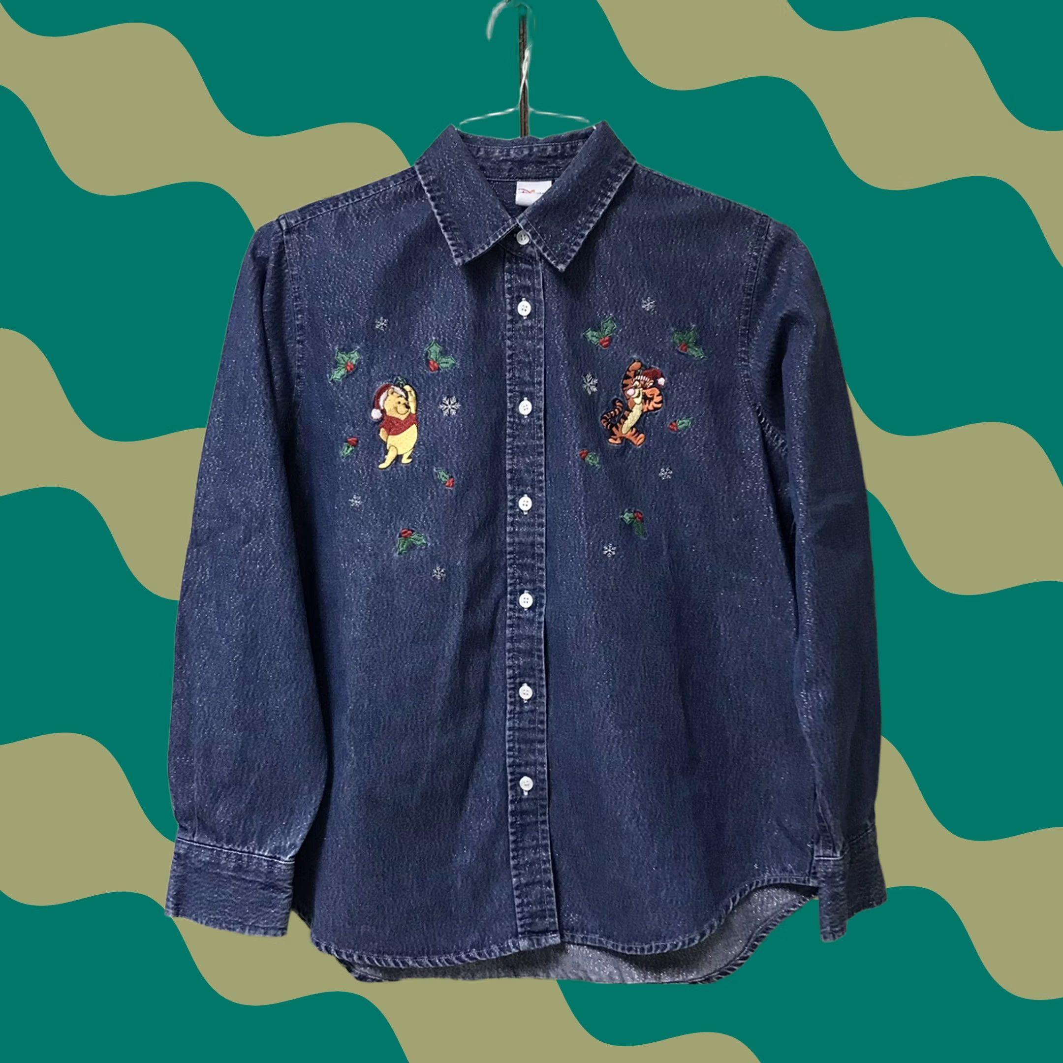 Disney Disney Women Shirt M Blue Denim Winnie the Pooh & Tigger Christmas Embroidered Glitter Button-Up Long Sleeve Shirt Size M / US 6-8 / IT 42-44 - 1 Thumbnail
