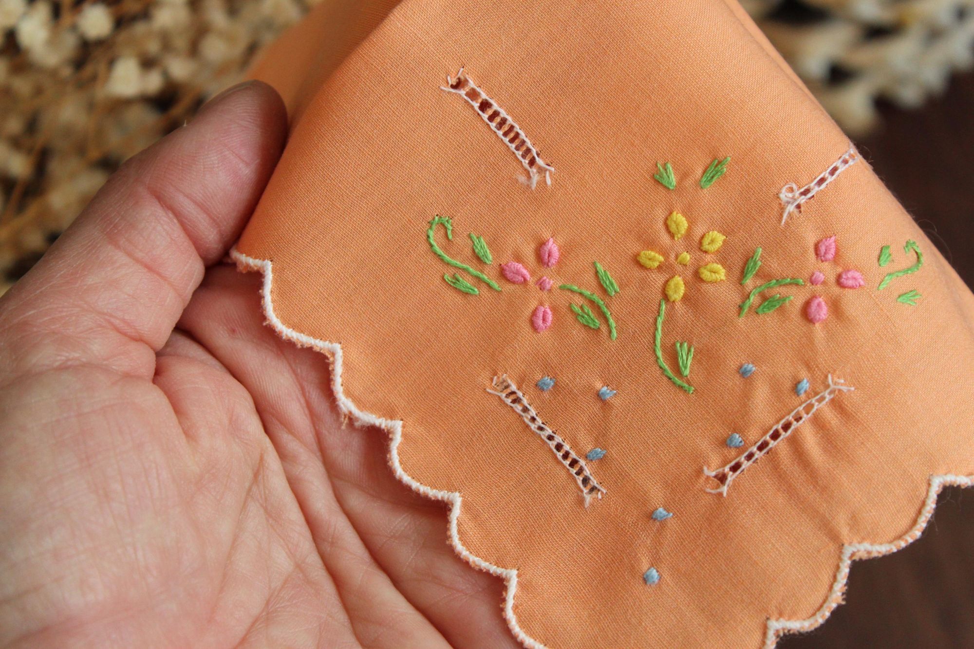 Vintage Vintage Handkerchief, Orange Cotton with Floral Embroidered Size ONE SIZE - 8 Thumbnail