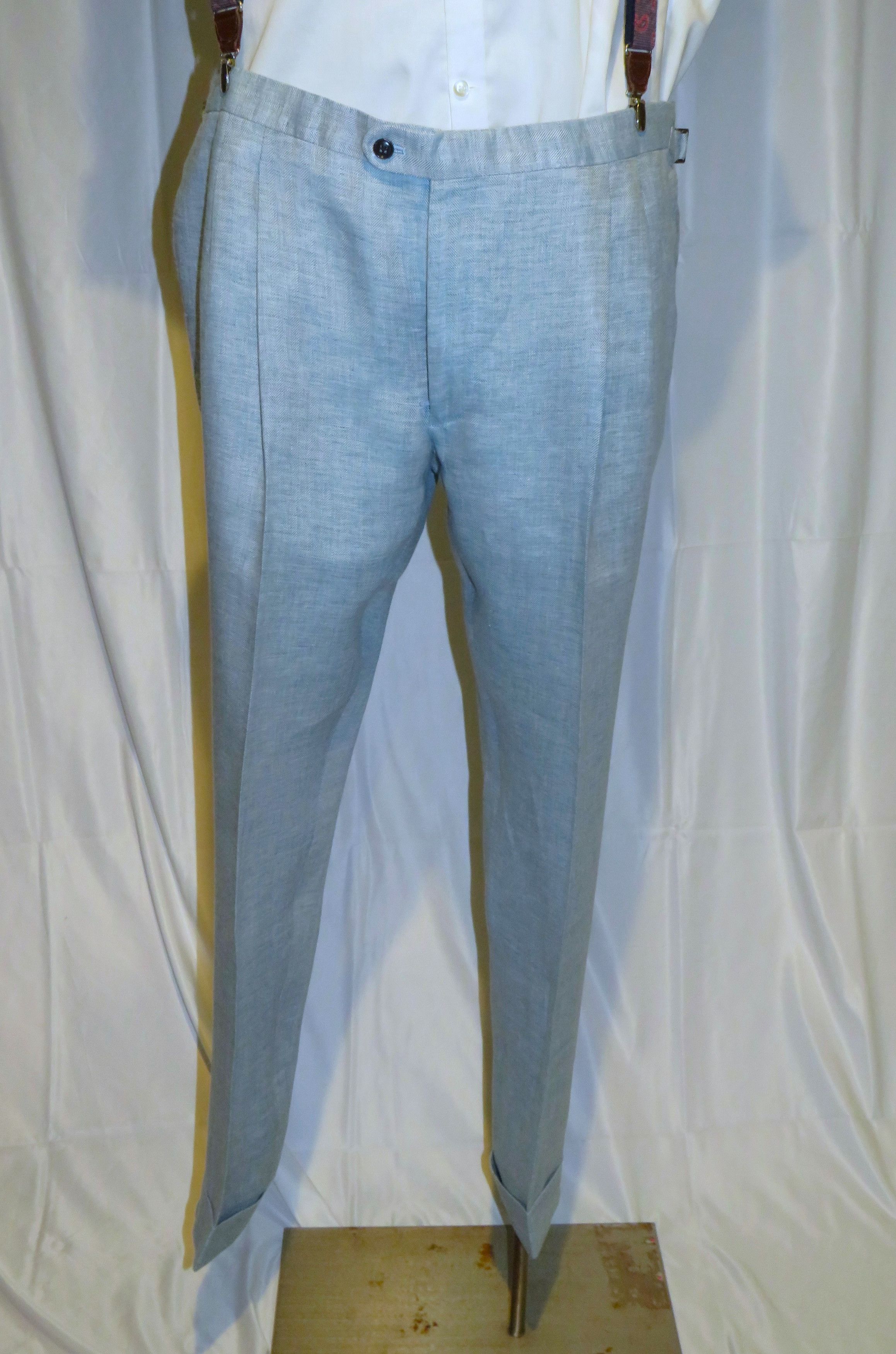 Lazio 100% Linen Blue Seafoam Herringbone Dress Pants 41