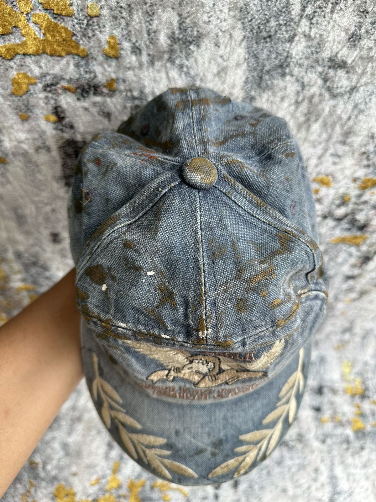 Le Grande Bleu (L.G.B.) 💸BINDING OFFER💸 VINTAGE GOLD EAGLE TRASHED TRASHED DENIM HAT Size ONE SIZE - 6 Thumbnail