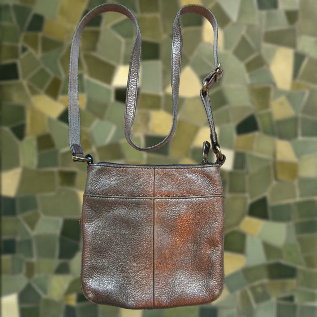 Fossil Fossil Gold Bronze 100% Leather Crossbody Satchel Purse Bag Small Zipper Pocket Handbag Size ONE SIZE - 1 Thumbnail